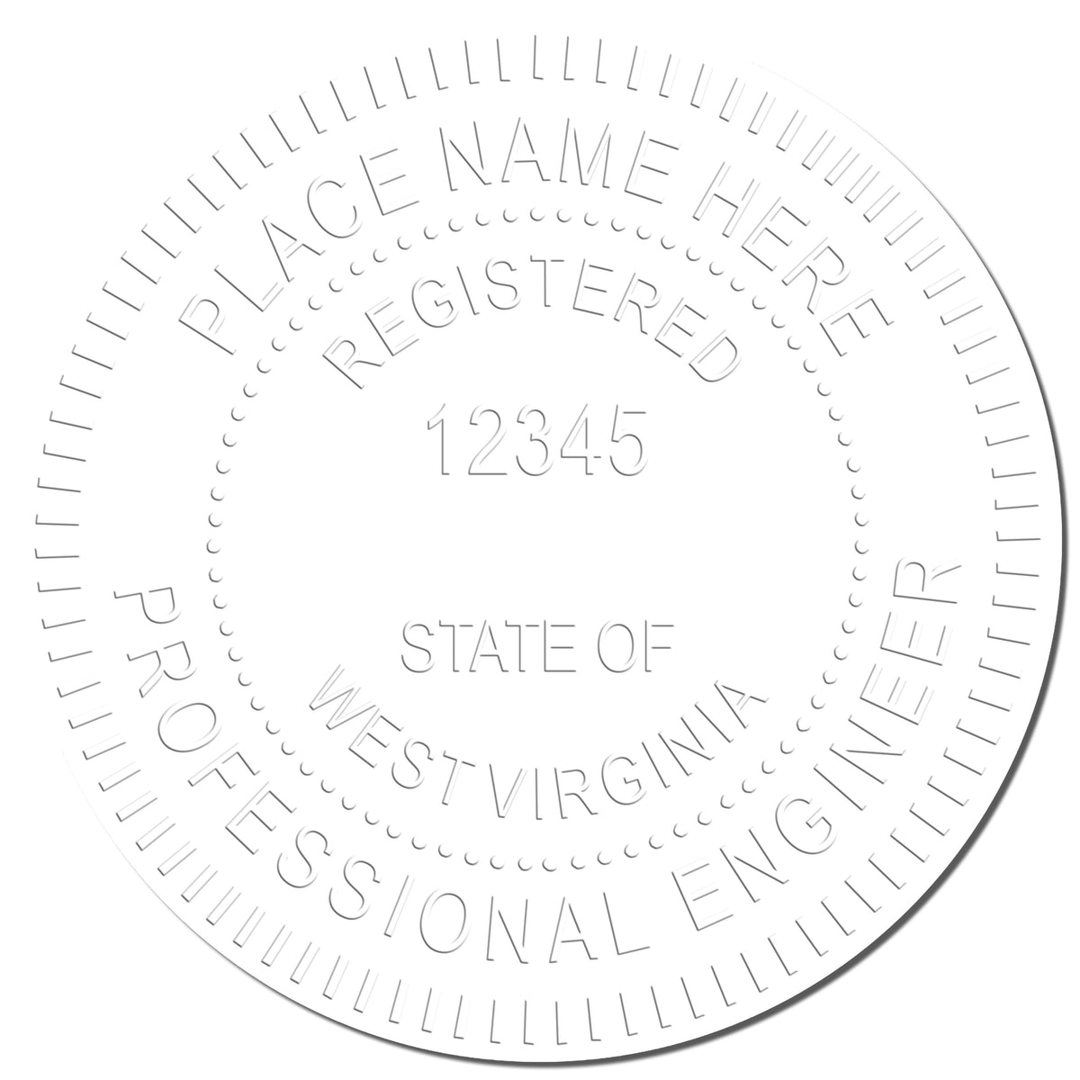 A photograph of the Handheld West Virginia Professional Engineer Embosser stamp impression reveals a vivid, professional image of the on paper.