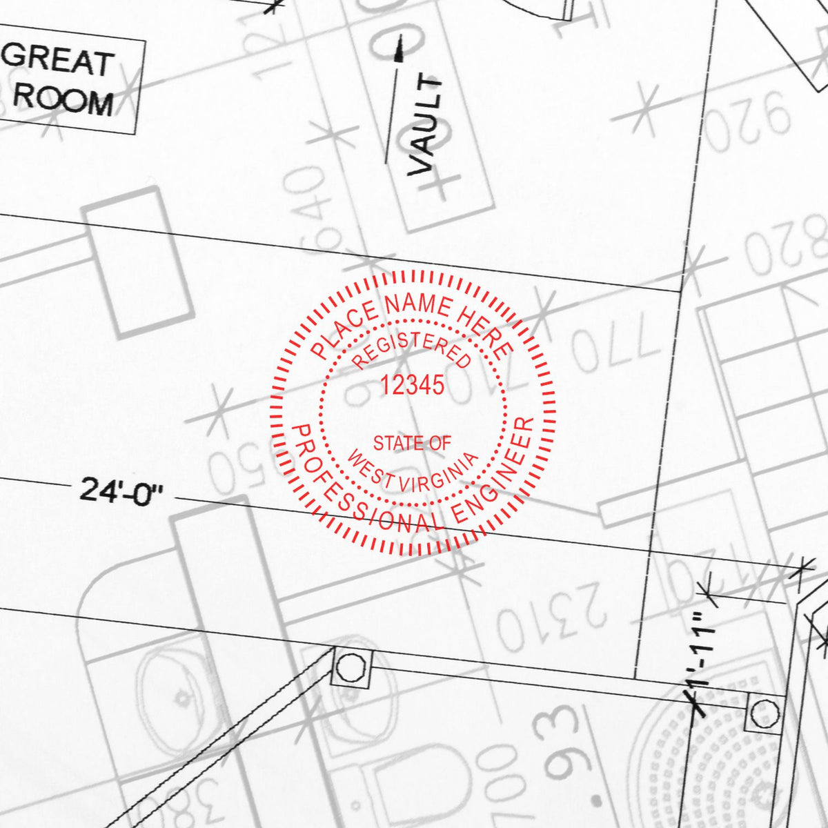Another Example of a stamped impression of the Digital West Virginia PE Stamp and Electronic Seal for West Virginia Engineer on a piece of office paper.