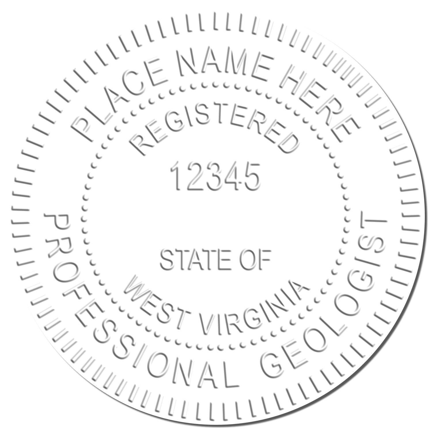 An in use photo of the Heavy Duty Cast Iron West Virginia Geologist Seal Embosser showing a sample imprint on a cardstock