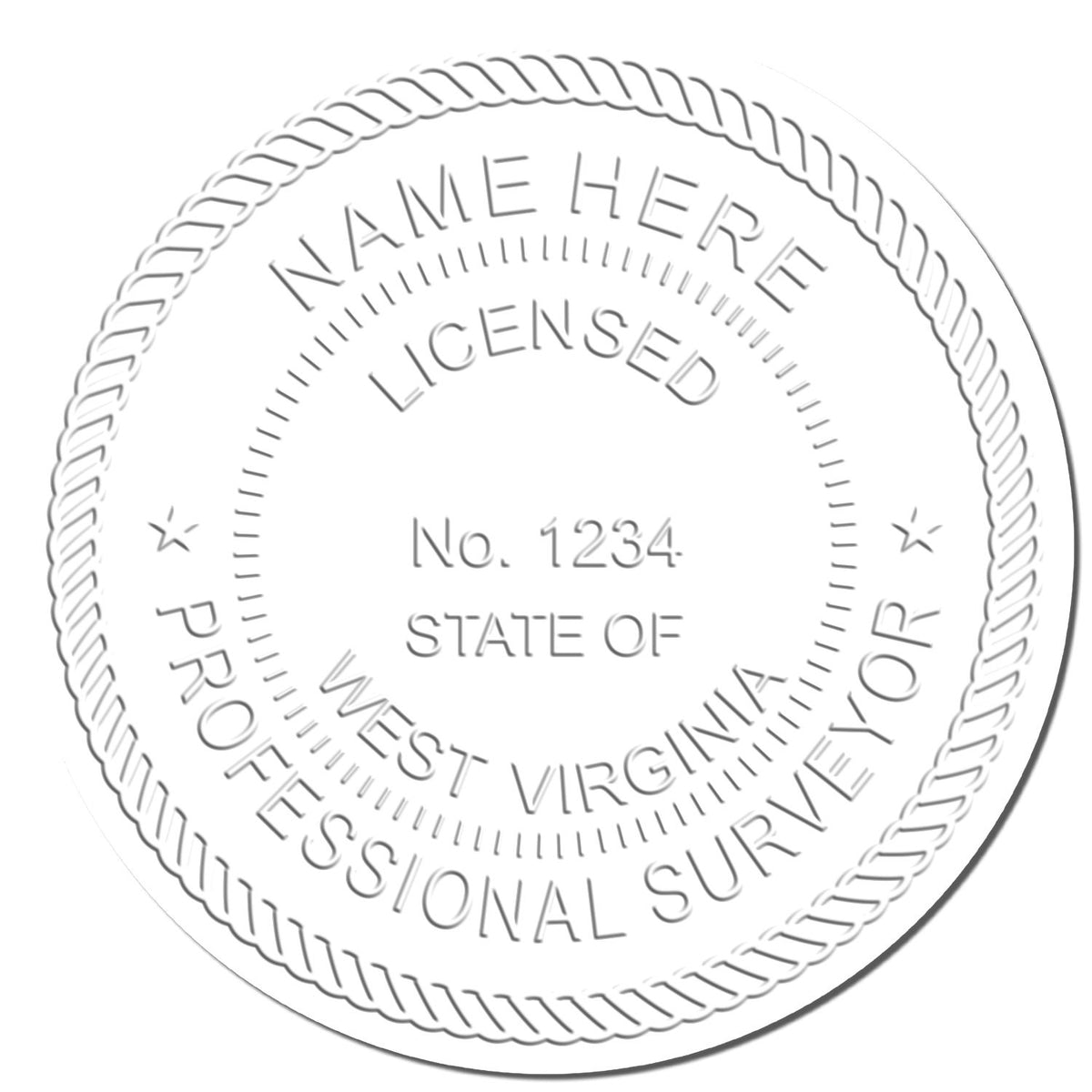 This paper is stamped with a sample imprint of the State of West Virginia Soft Land Surveyor Embossing Seal, signifying its quality and reliability.