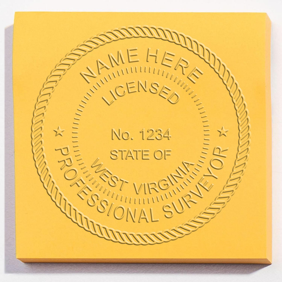 A photograph of the State of West Virginia Soft Land Surveyor Embossing Seal stamp impression reveals a vivid, professional image of the on paper.