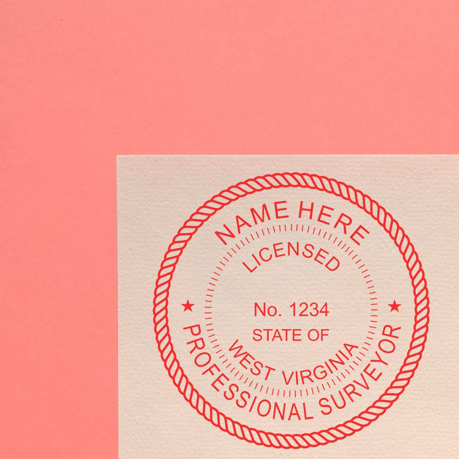 Self Inking West Virginia Land Surveyor Stamp in red ink on a white paper with a pink background.