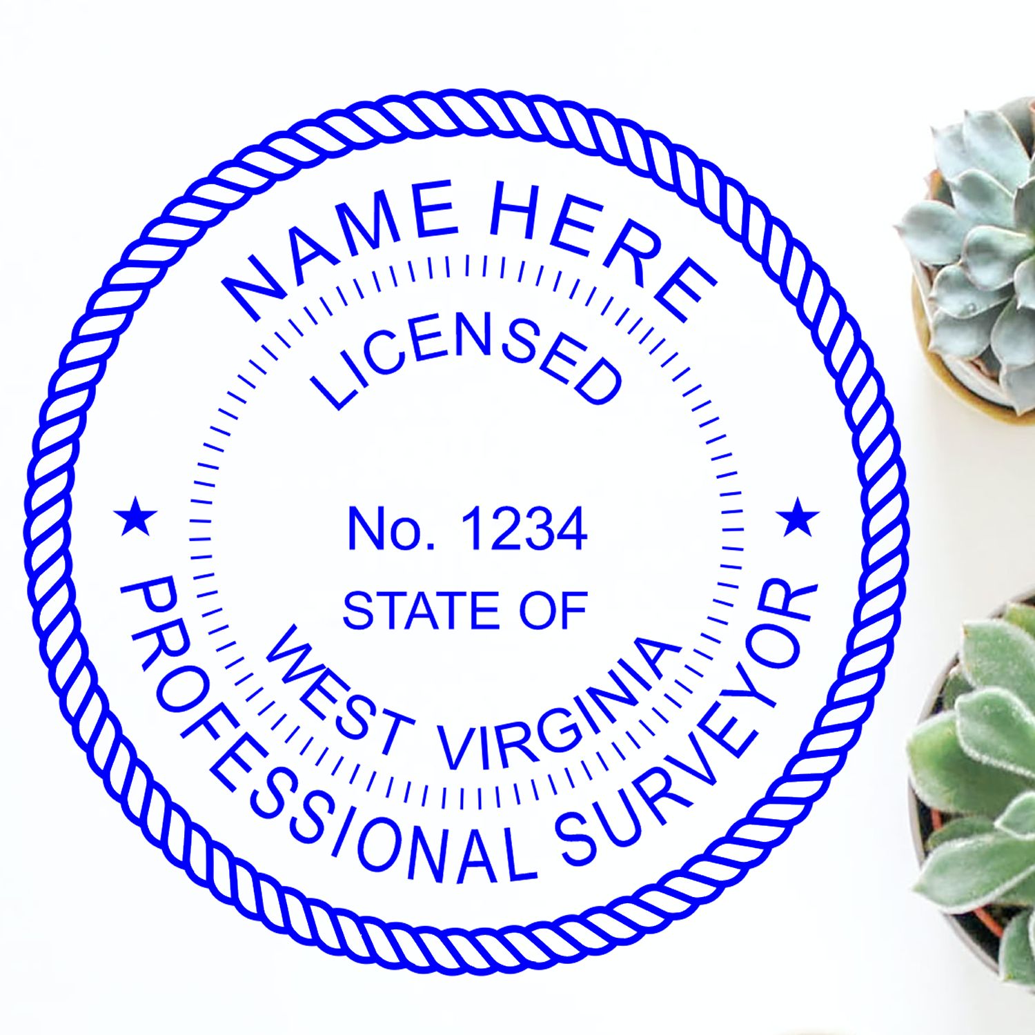 Self Inking West Virginia Land Surveyor Stamp with customizable text, surrounded by succulents on a white background.