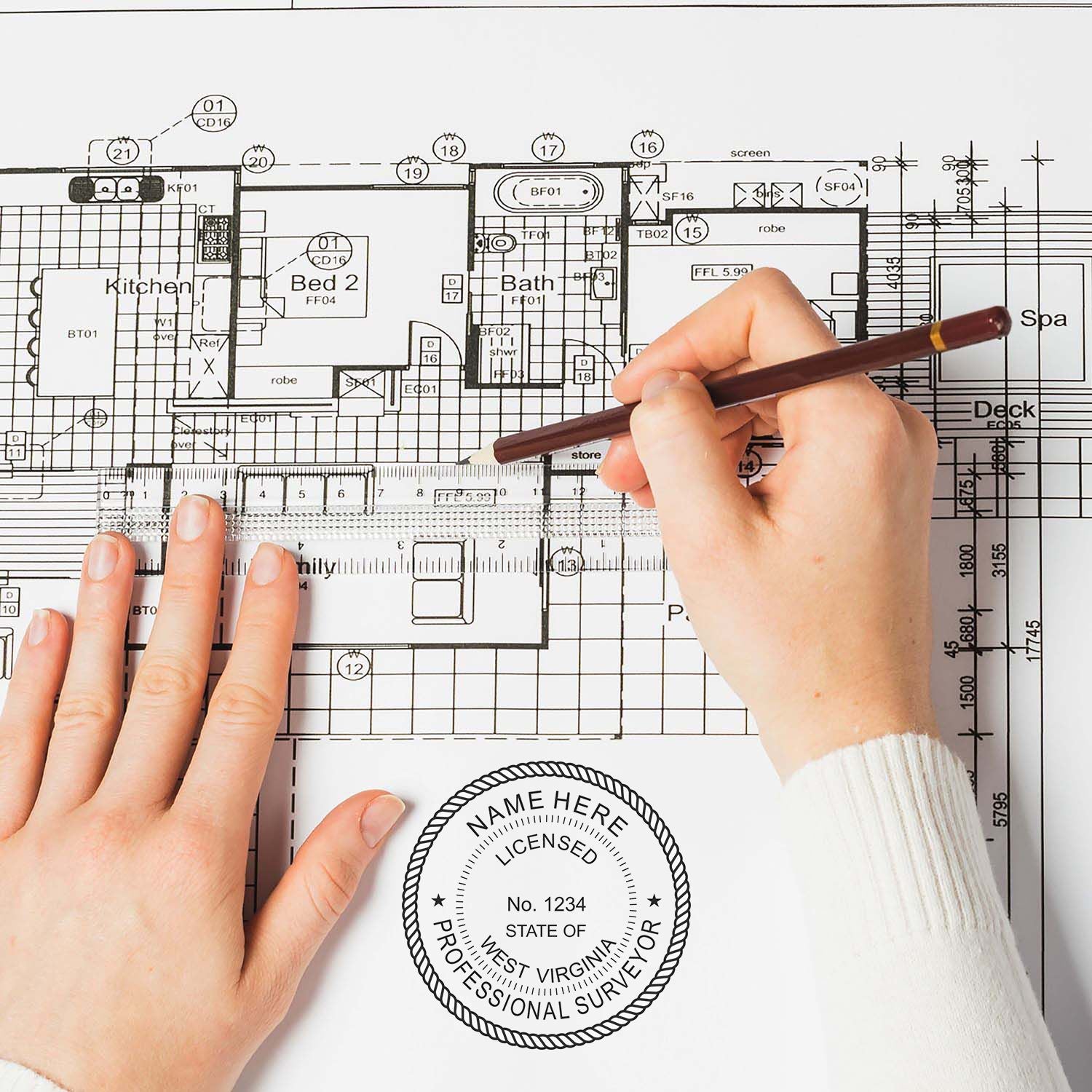 Person using Digital West Virginia Land Surveyor Stamp, Electronic Seal for West Virginia Land Surveyor on architectural blueprint.