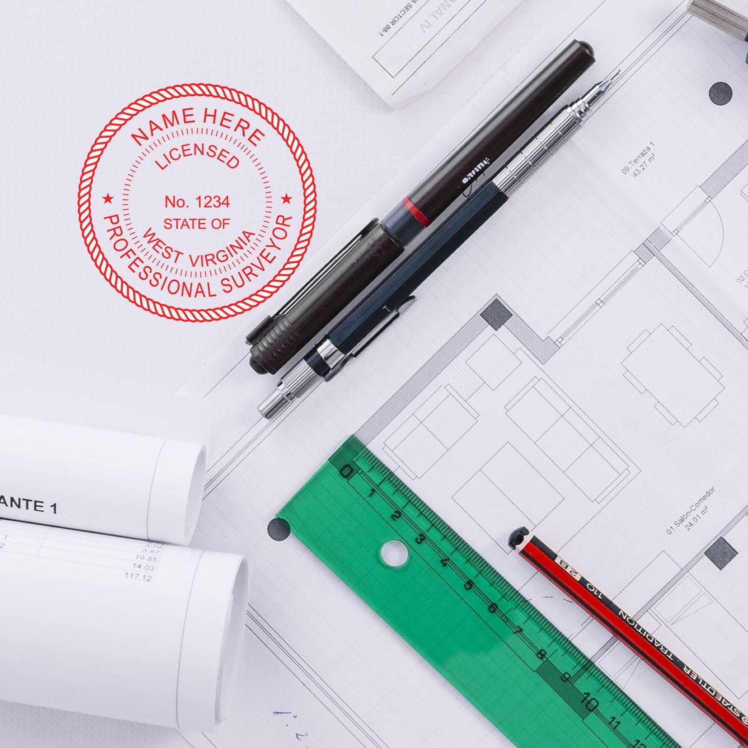 Self Inking West Virginia Land Surveyor Stamp in use on architectural plans with pens, ruler, and blueprints on a desk.