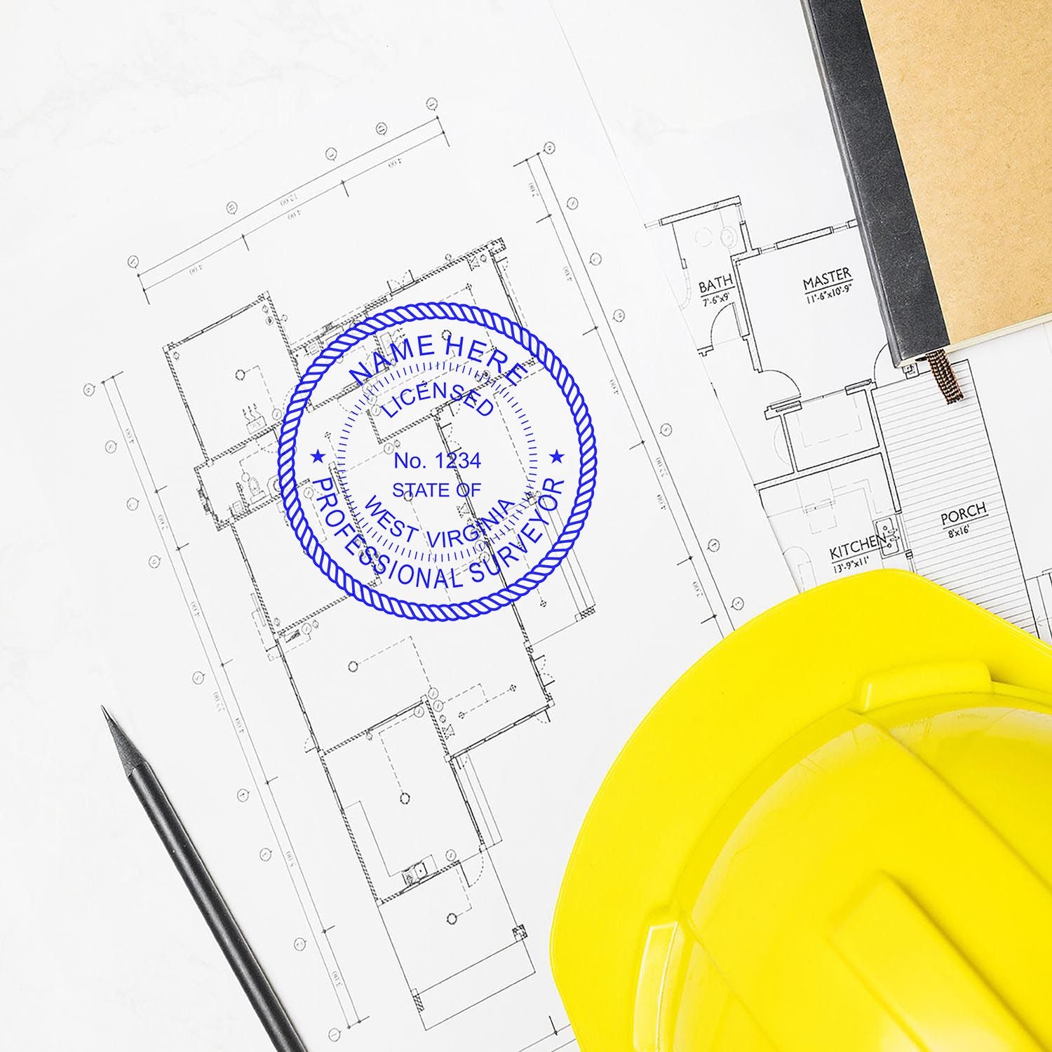 Self Inking West Virginia Land Surveyor Stamp on architectural blueprint with a yellow hard hat and pencil nearby.