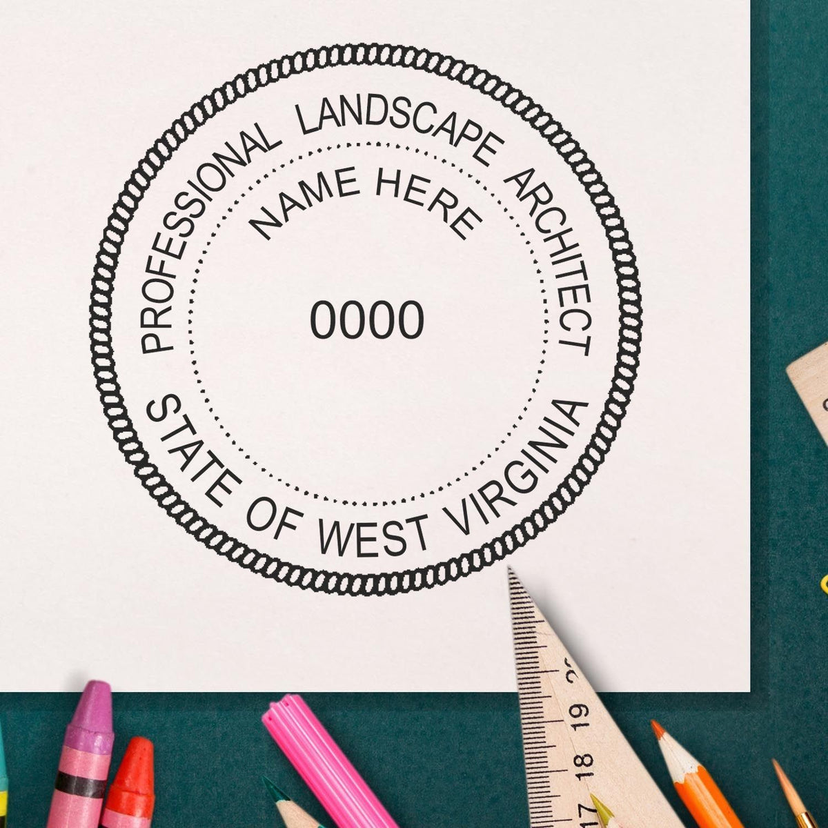 A lifestyle photo showing a stamped image of the Digital West Virginia Landscape Architect Stamp on a piece of paper