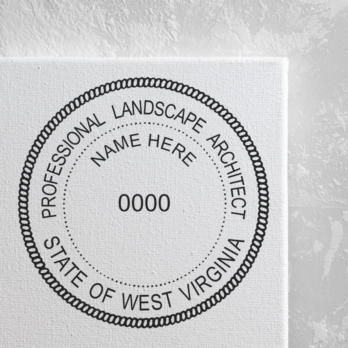 A lifestyle photo showing a stamped image of the West Virginia Landscape Architectural Seal Stamp on a piece of paper