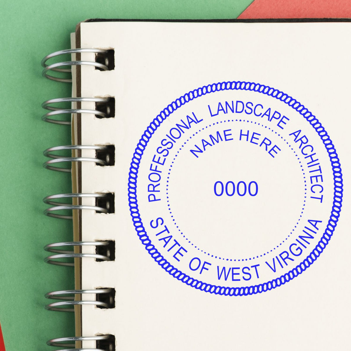 The Premium MaxLight Pre-Inked West Virginia Landscape Architectural Stamp stamp impression comes to life with a crisp, detailed photo on paper - showcasing true professional quality.