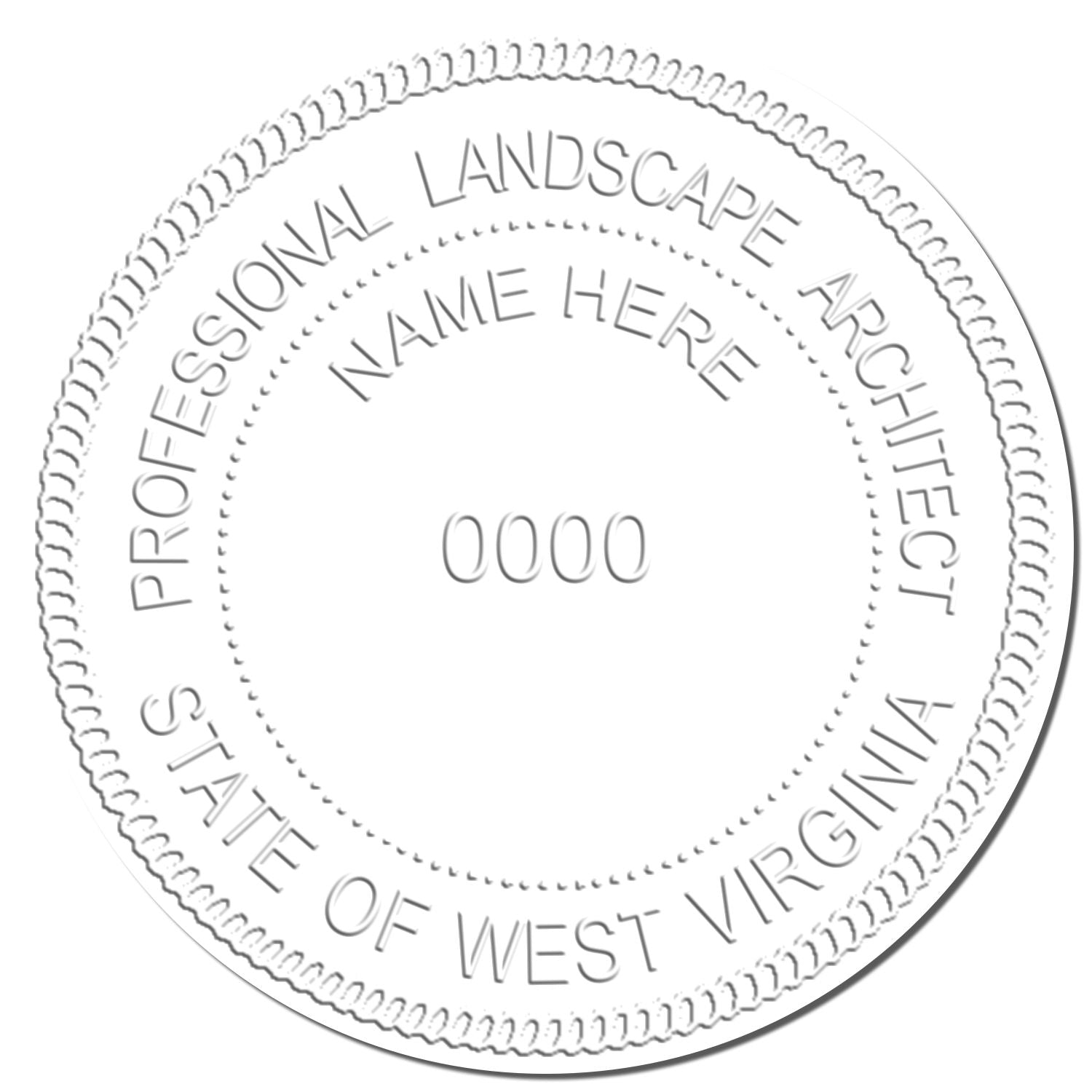 This paper is stamped with a sample imprint of the State of West Virginia Extended Long Reach Landscape Architect Seal Embosser, signifying its quality and reliability.