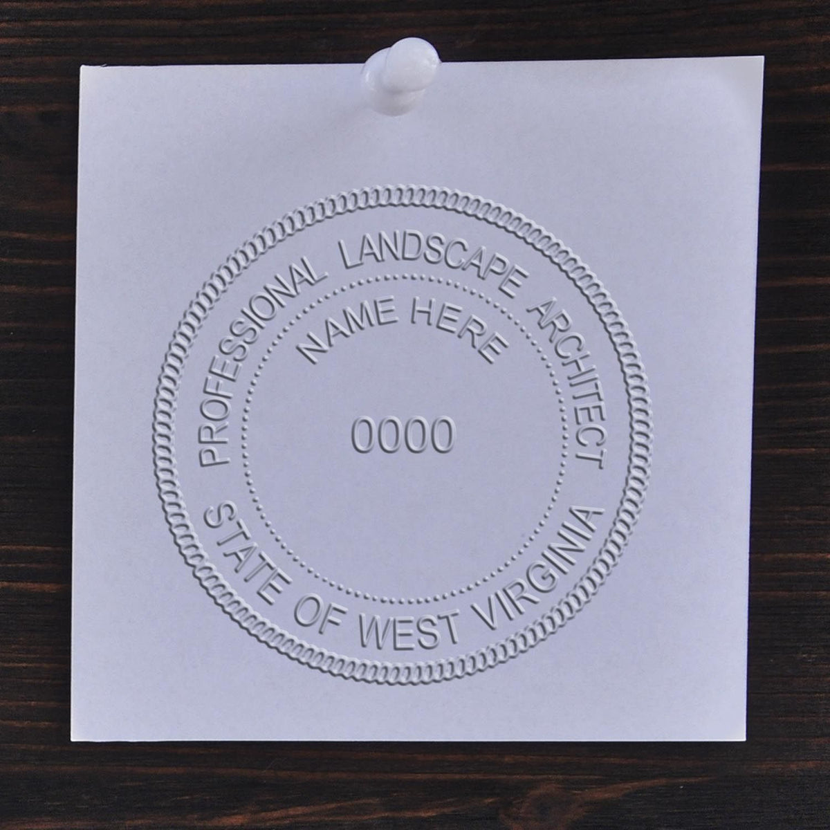 A photograph of the Hybrid West Virginia Landscape Architect Seal stamp impression reveals a vivid, professional image of the on paper.