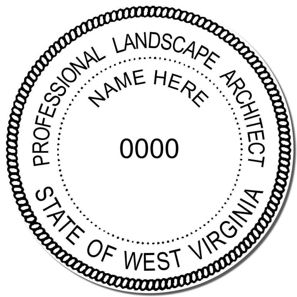 A lifestyle photo showing a stamped image of the Slim Pre-Inked West Virginia Landscape Architect Seal Stamp on a piece of paper