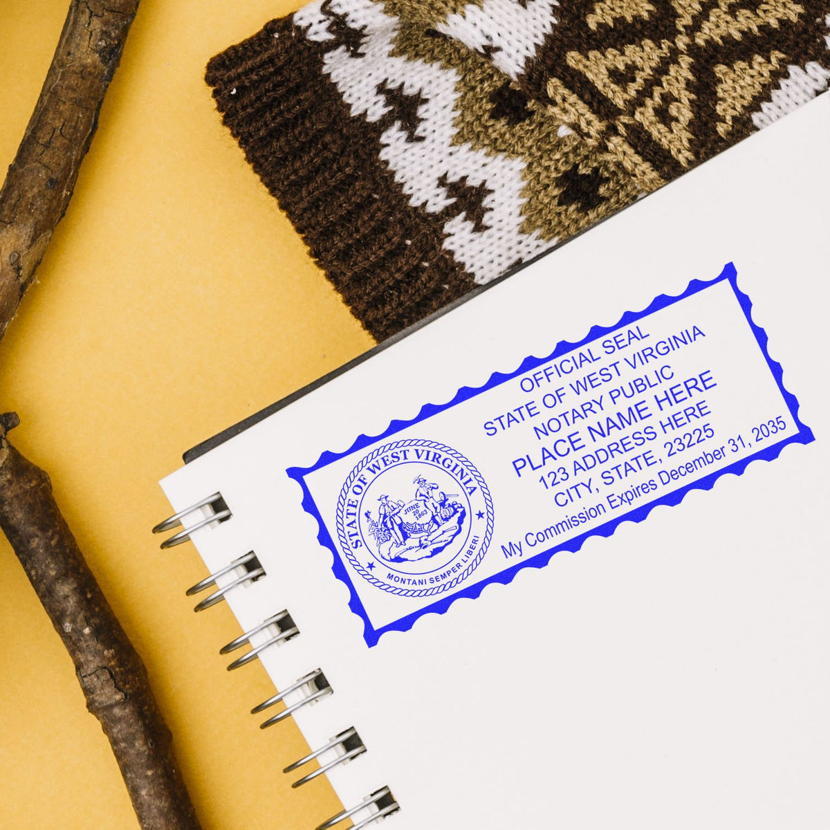 A lifestyle photo showing a stamped image of the Wooden Handle West Virginia State Seal Notary Public Stamp on a piece of paper