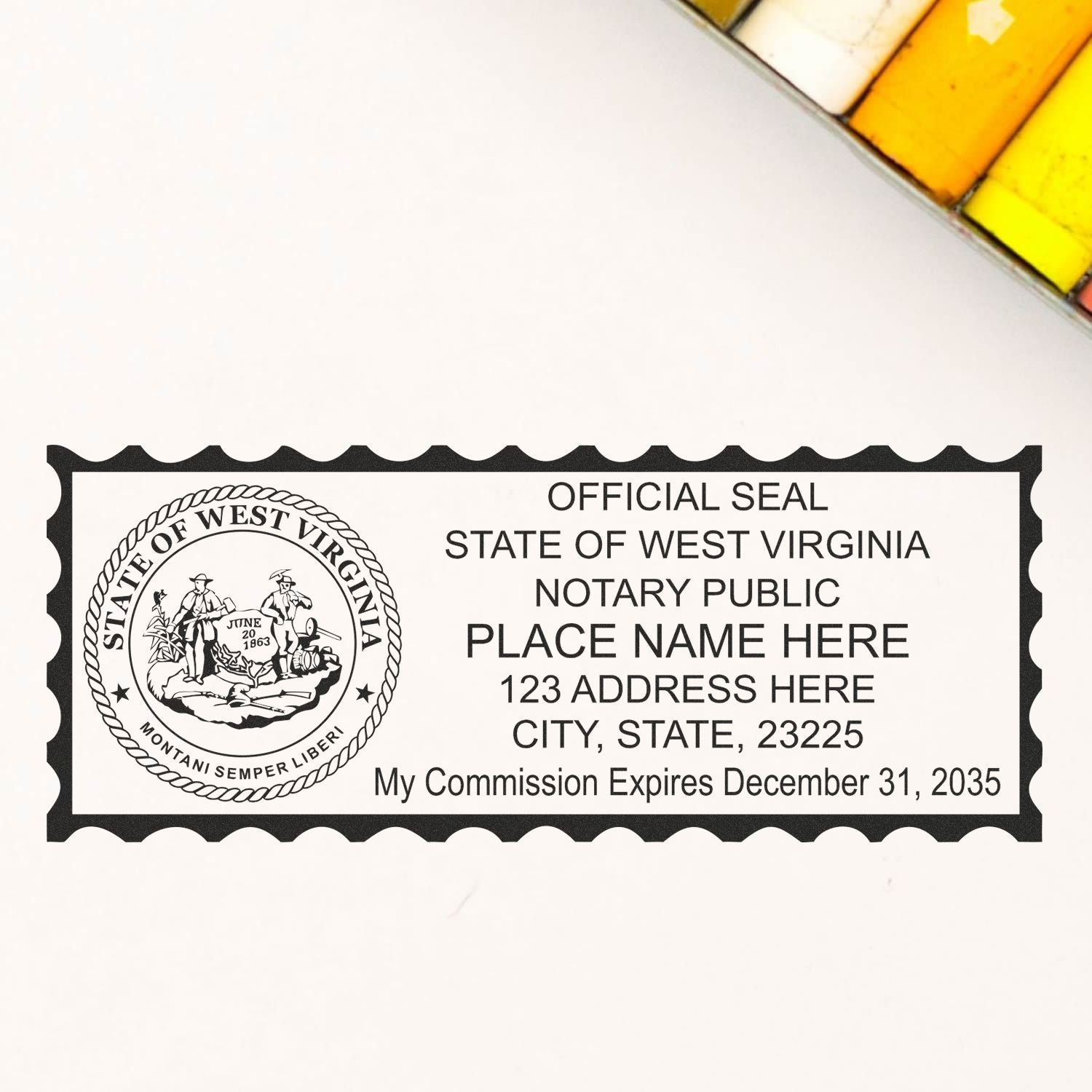 The main image for the Wooden Handle West Virginia State Seal Notary Public Stamp depicting a sample of the imprint and electronic files