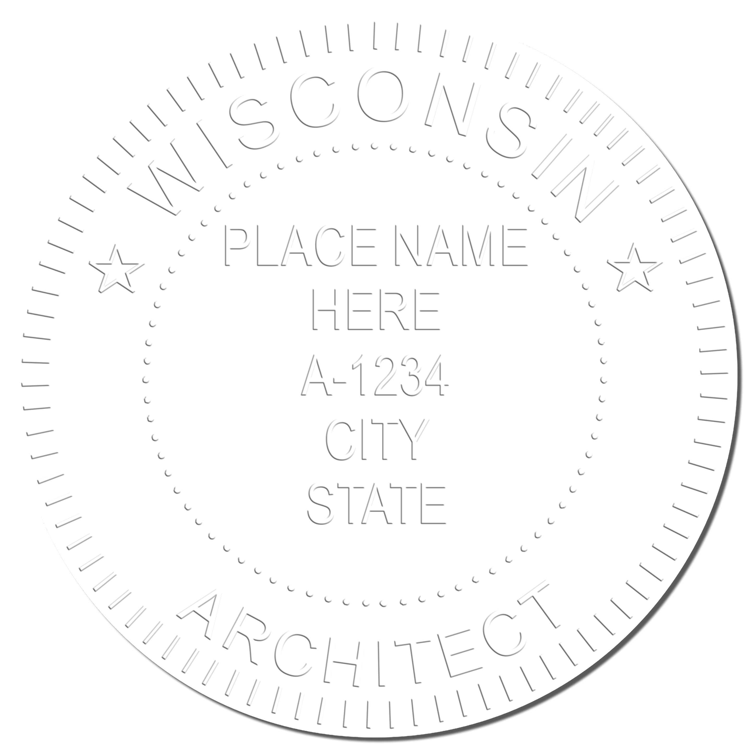 A photograph of the Handheld Wisconsin Architect Seal Embosser stamp impression reveals a vivid, professional image of the on paper.