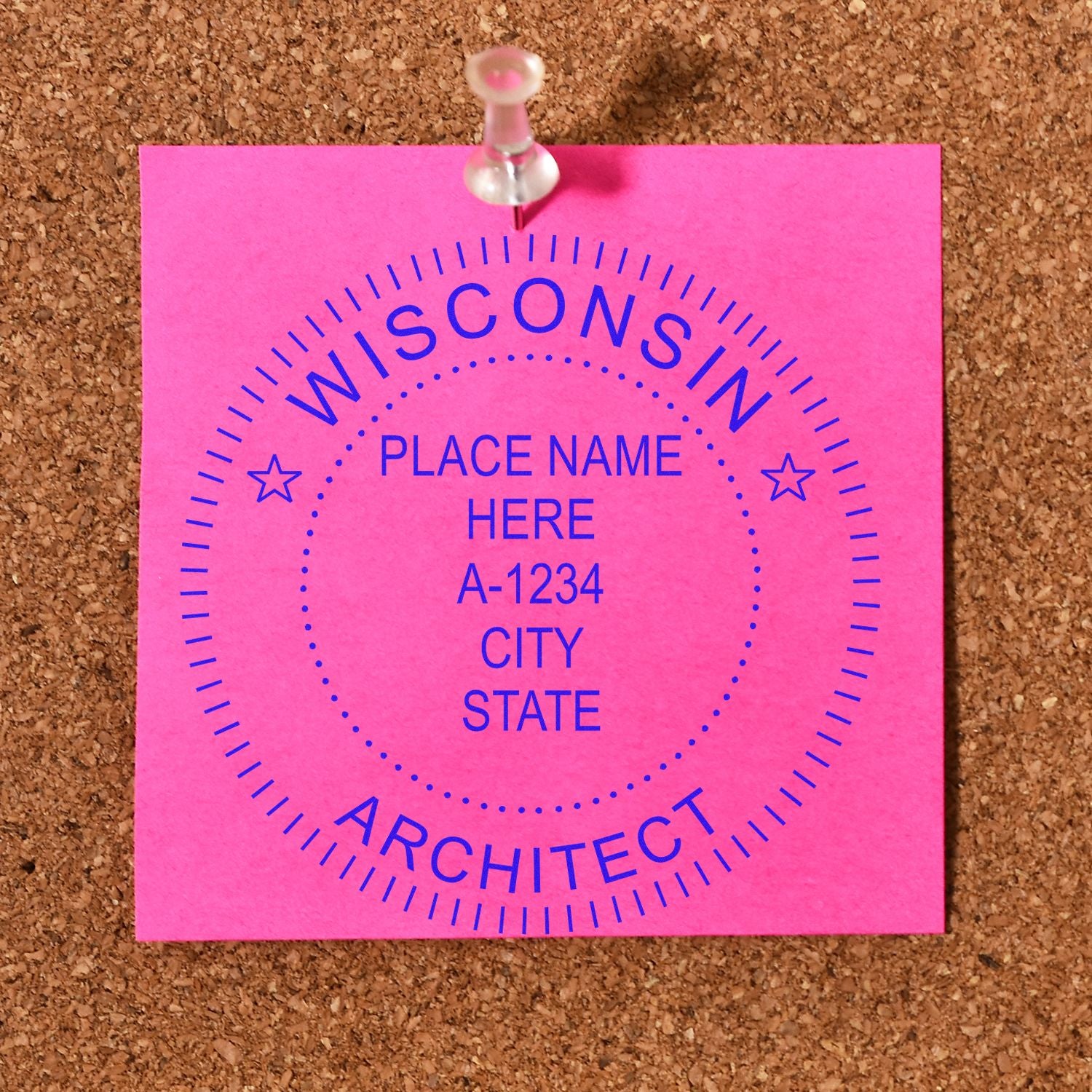 Digital Wisconsin Architect Stamp, Electronic Seal for Wisconsin Architect, displayed on a pink sticky note pinned to a corkboard.