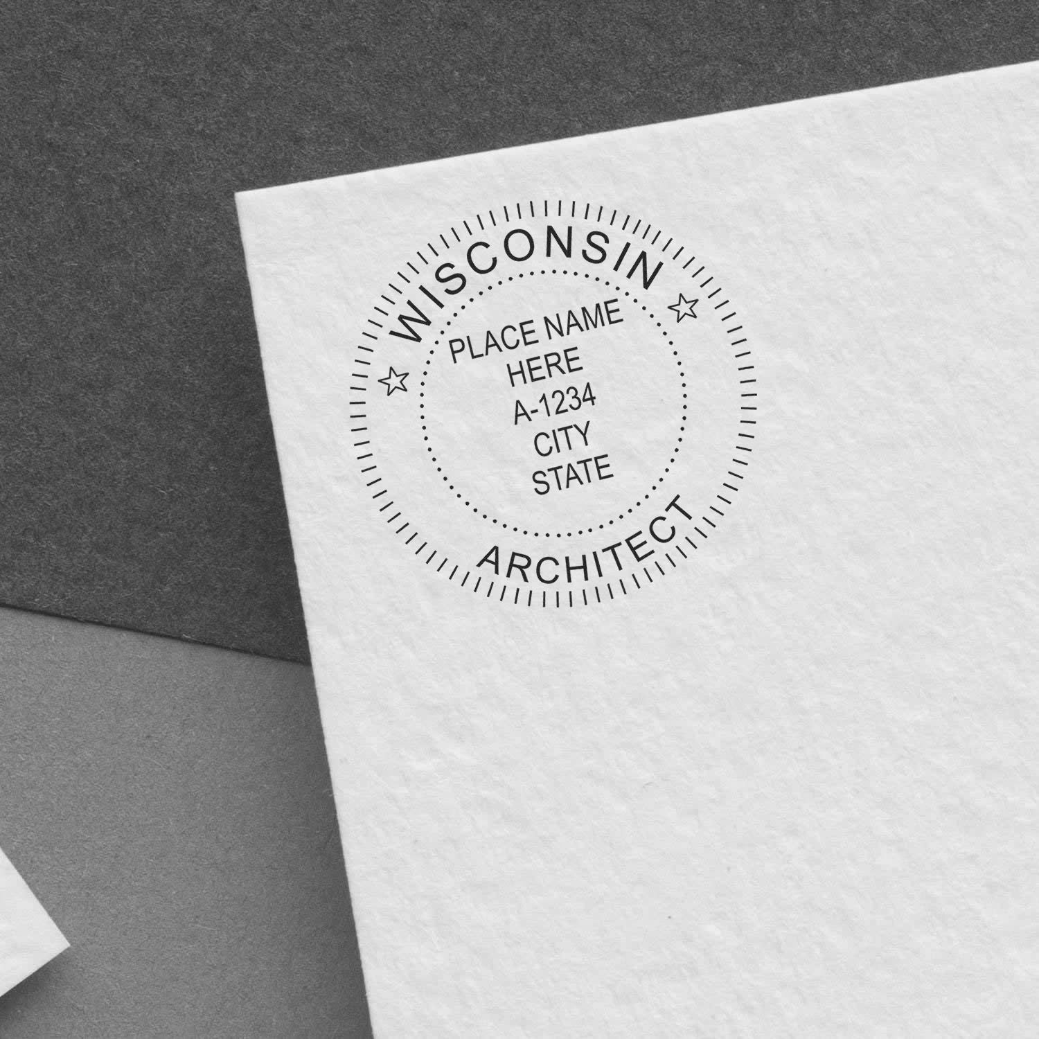 Wisconsin Architect Seal Stamp on white paper, displaying placeholder text for name, license number, city, and state.