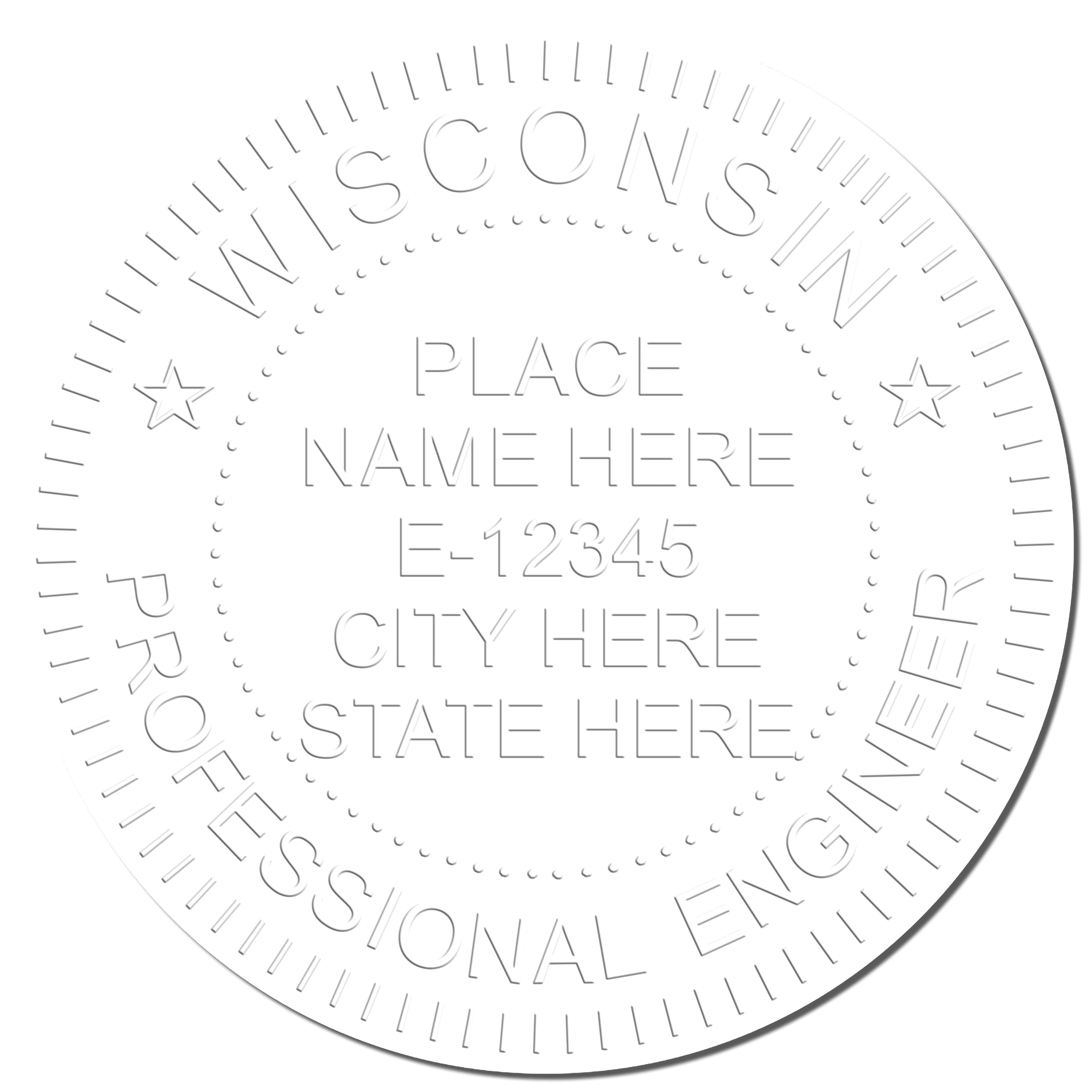 A photograph of the Handheld Wisconsin Professional Engineer Embosser stamp impression reveals a vivid, professional image of the on paper.