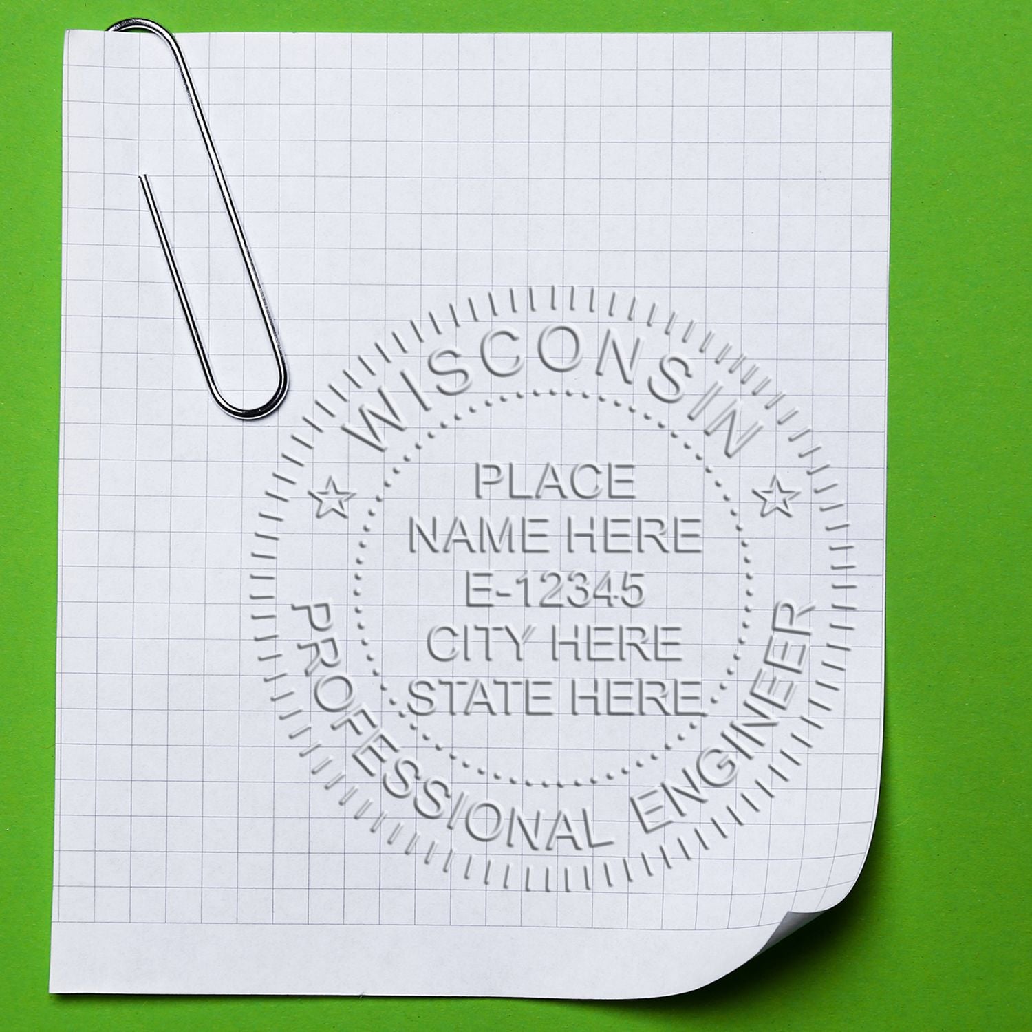 An alternative view of the Hybrid Wisconsin Engineer Seal stamped on a sheet of paper showing the image in use