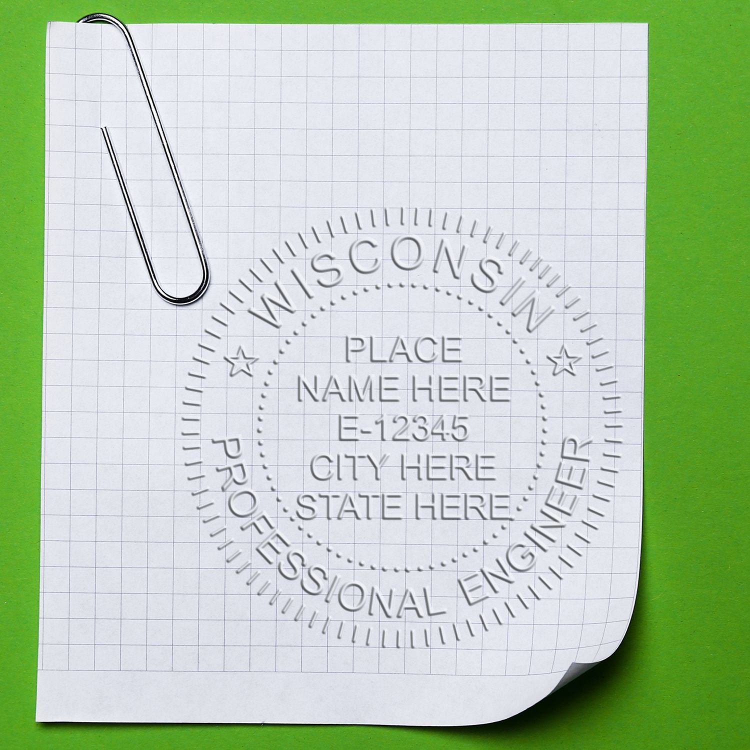 An alternative view of the Long Reach Wisconsin PE Seal stamped on a sheet of paper showing the image in use