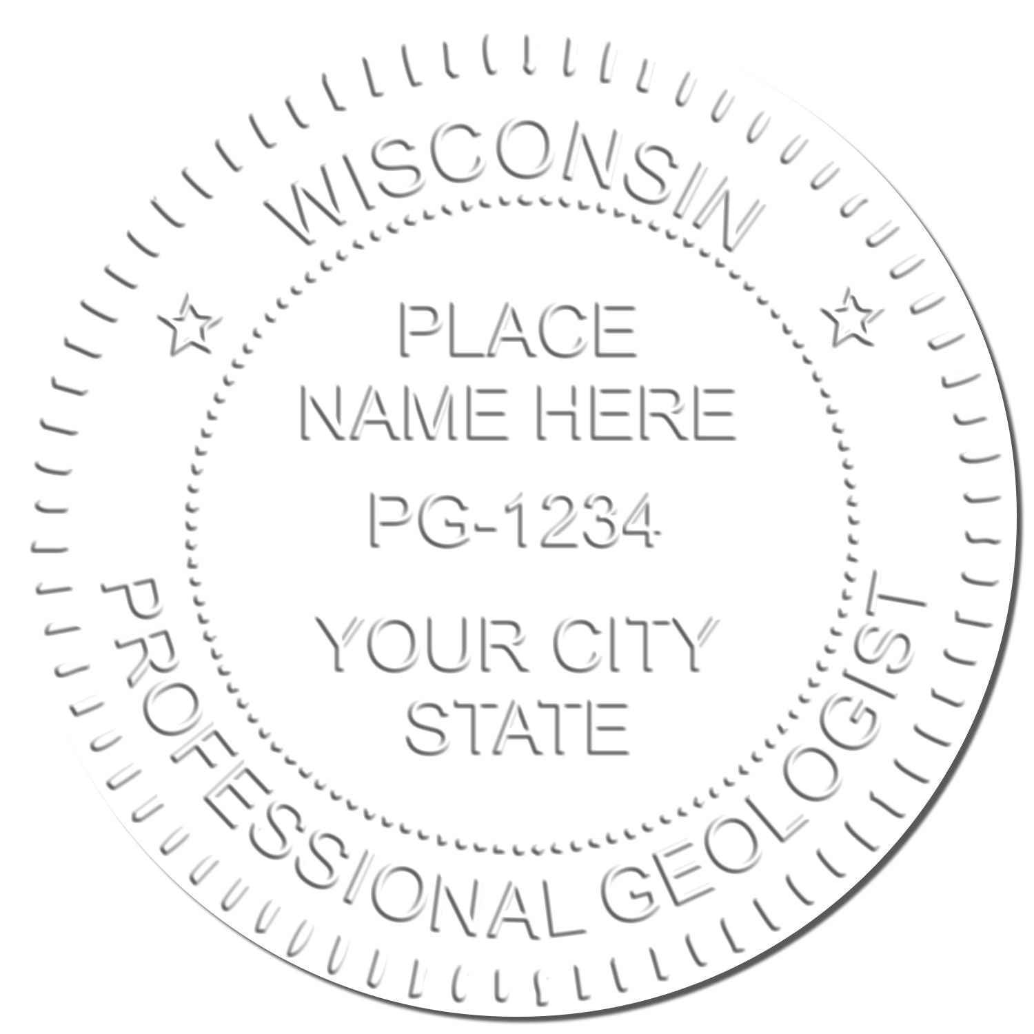 An in use photo of the Heavy Duty Cast Iron Wisconsin Geologist Seal Embosser showing a sample imprint on a cardstock