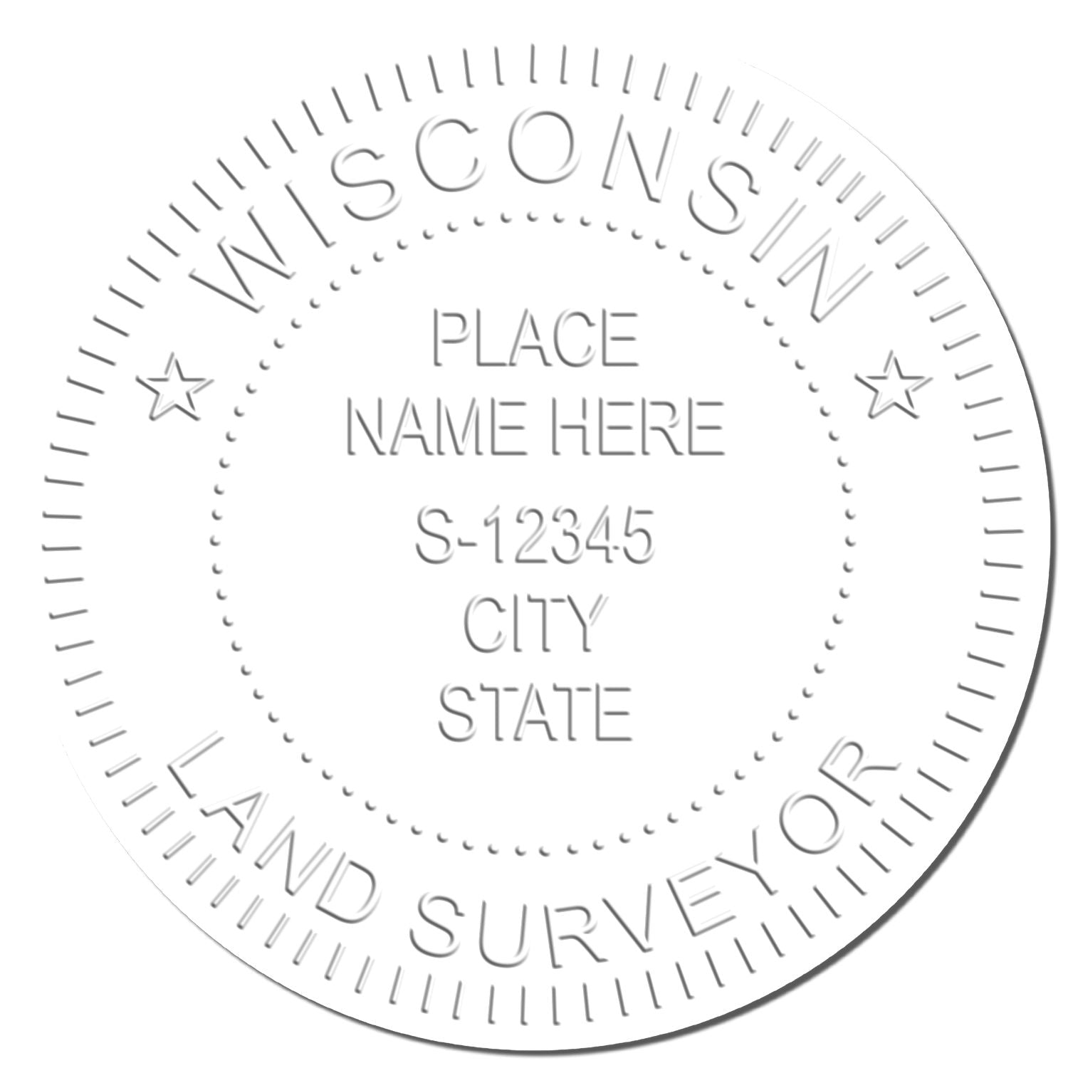 This paper is stamped with a sample imprint of the Heavy Duty Cast Iron Wisconsin Land Surveyor Seal Embosser, signifying its quality and reliability.