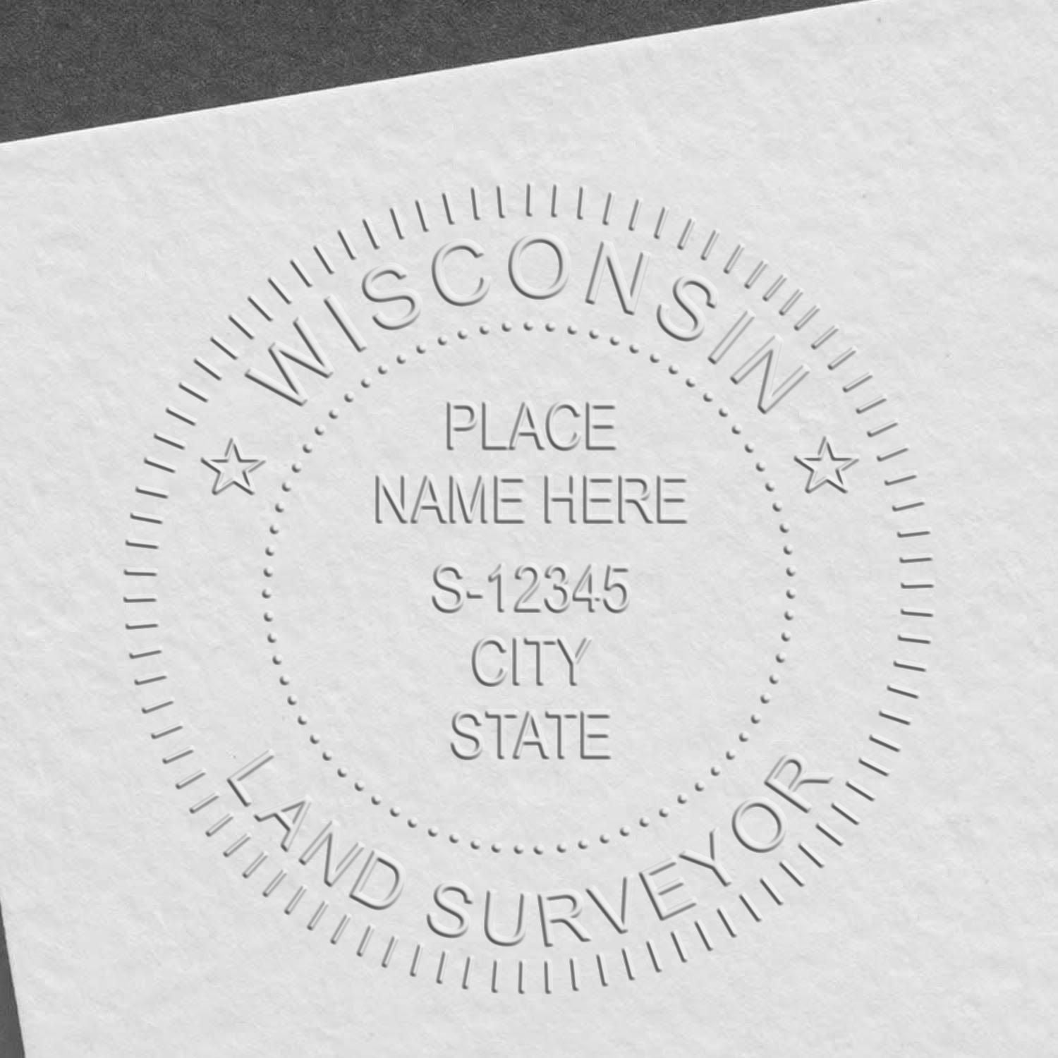 A photograph of the State of Wisconsin Soft Land Surveyor Embossing Seal stamp impression reveals a vivid, professional image of the on paper.