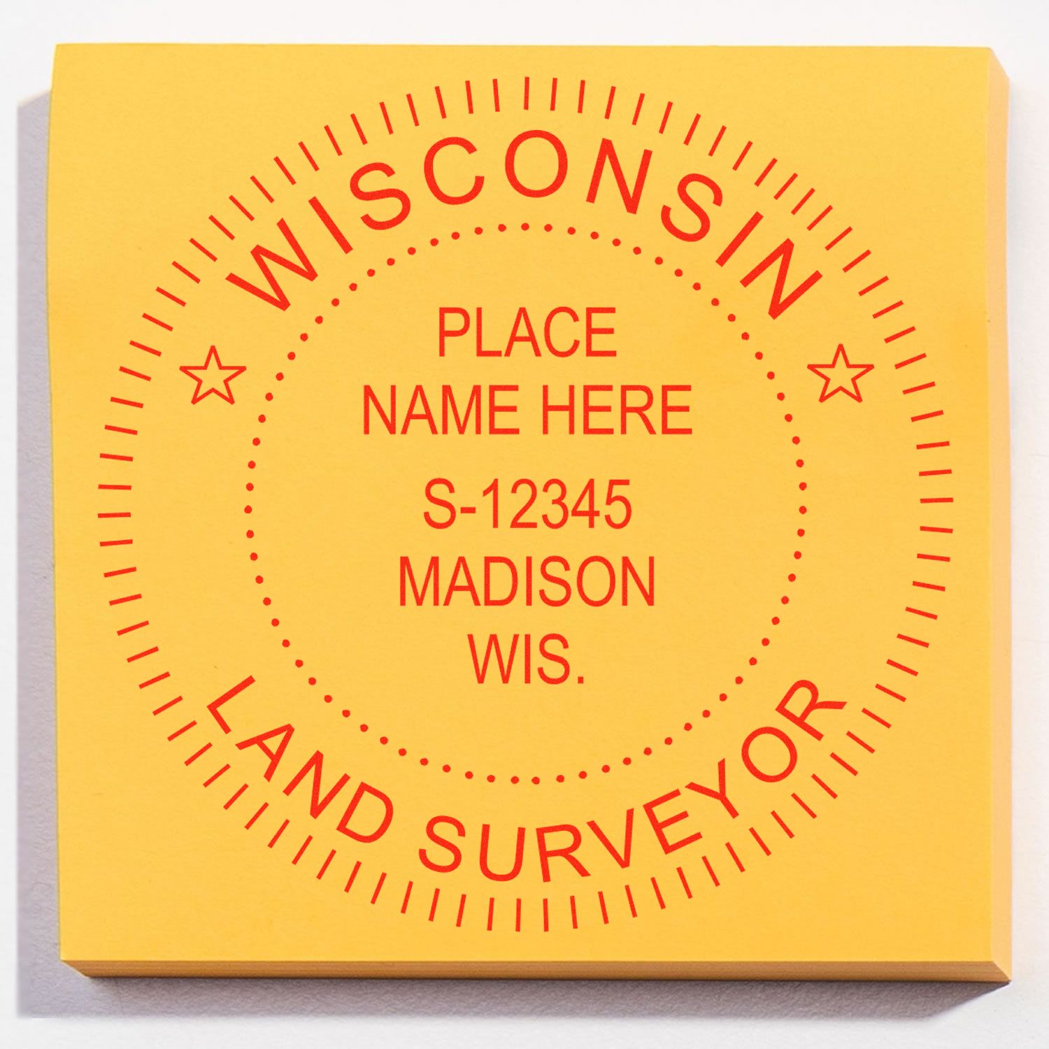 Self Inking Wisconsin Land Surveyor Stamp with customizable text, shown on a yellow background with red ink imprint.