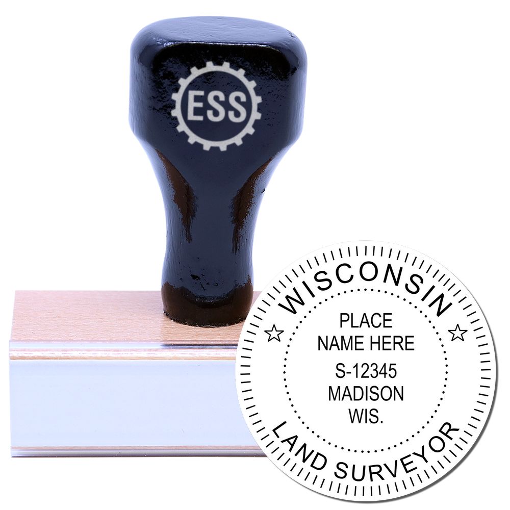 Wisconsin Land Surveyor Seal Stamp, WI PLS Stamp with a wooden handle and customizable text for professional use.