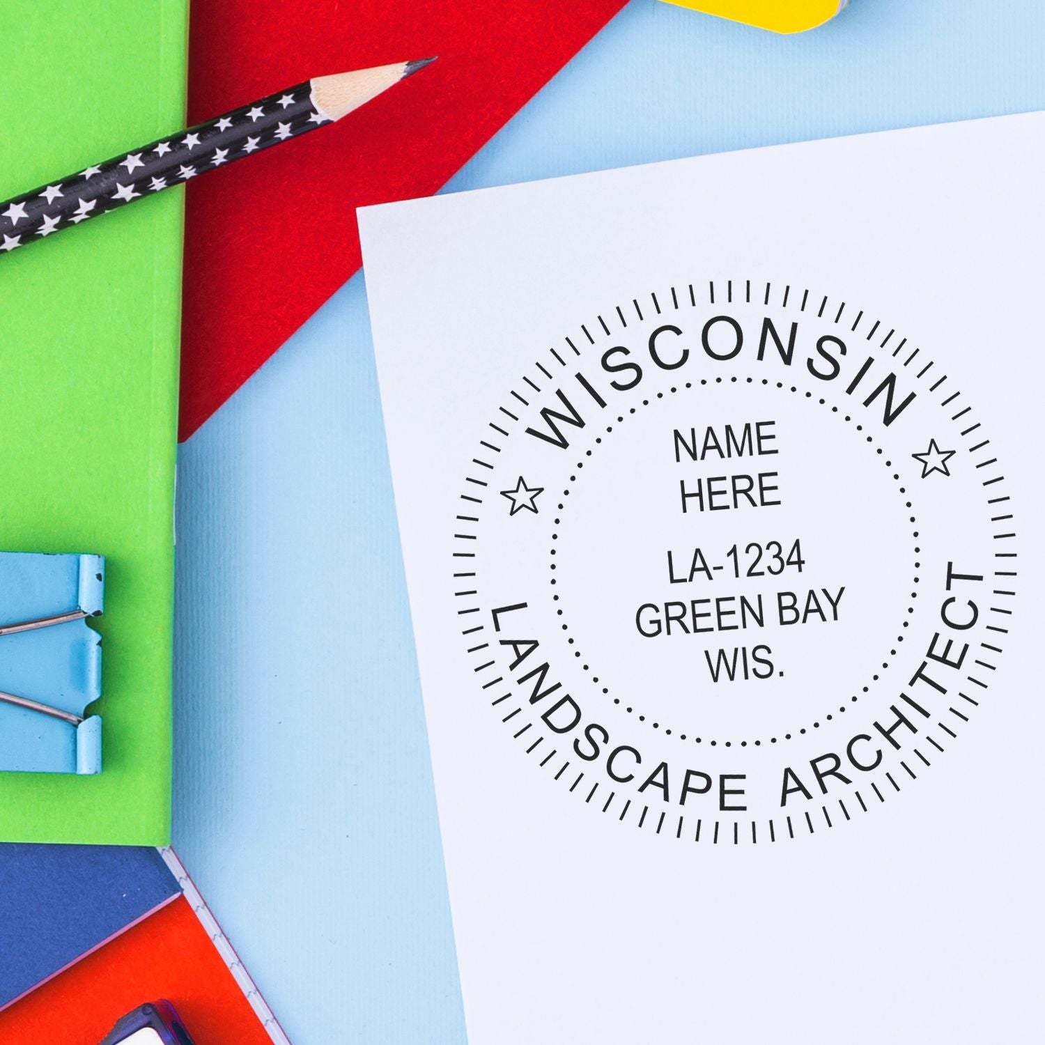 A stamped impression of the Self-Inking Wisconsin Landscape Architect Stamp in this stylish lifestyle photo, setting the tone for a unique and personalized product.