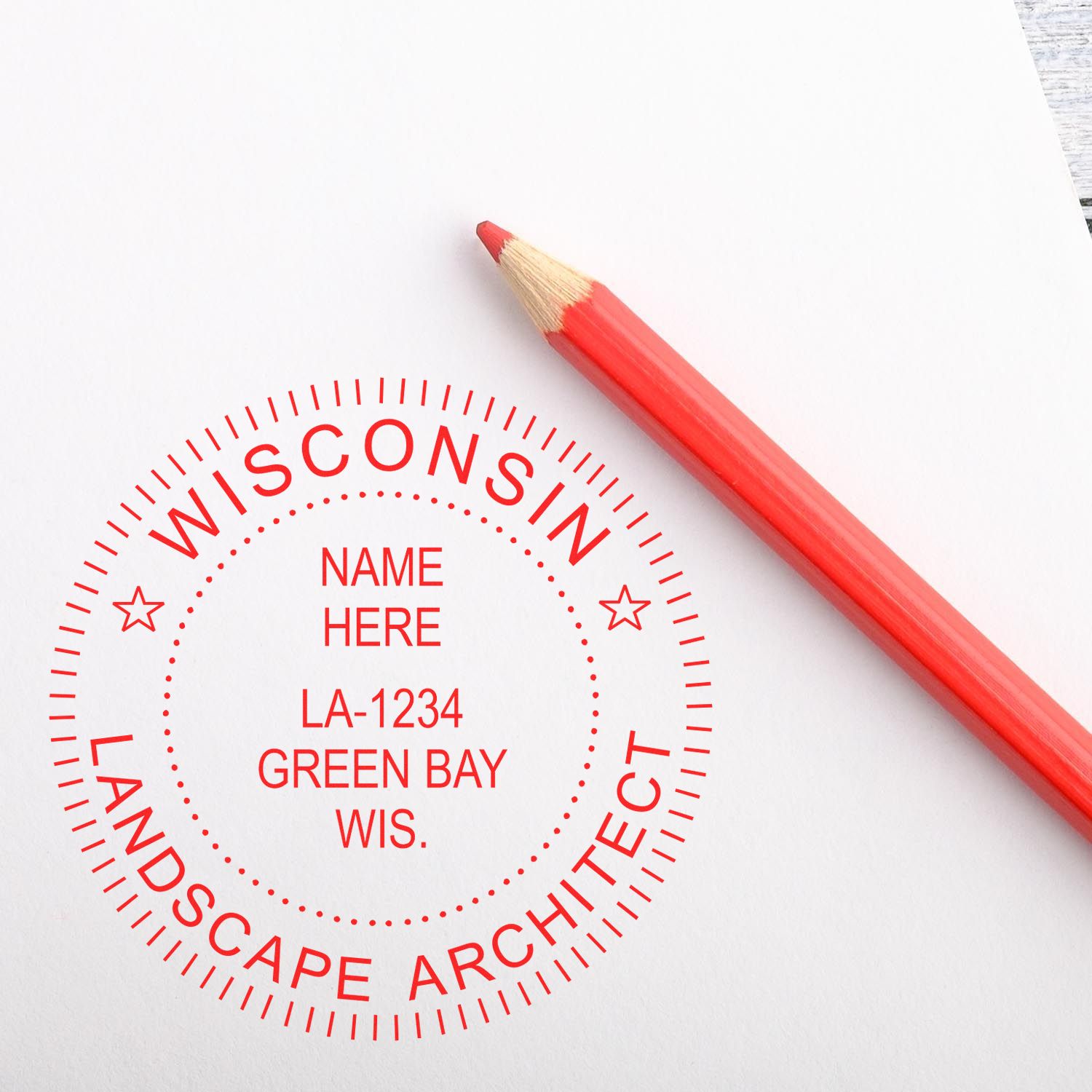 An alternative view of the Premium MaxLight Pre-Inked Wisconsin Landscape Architectural Stamp stamped on a sheet of paper showing the image in use