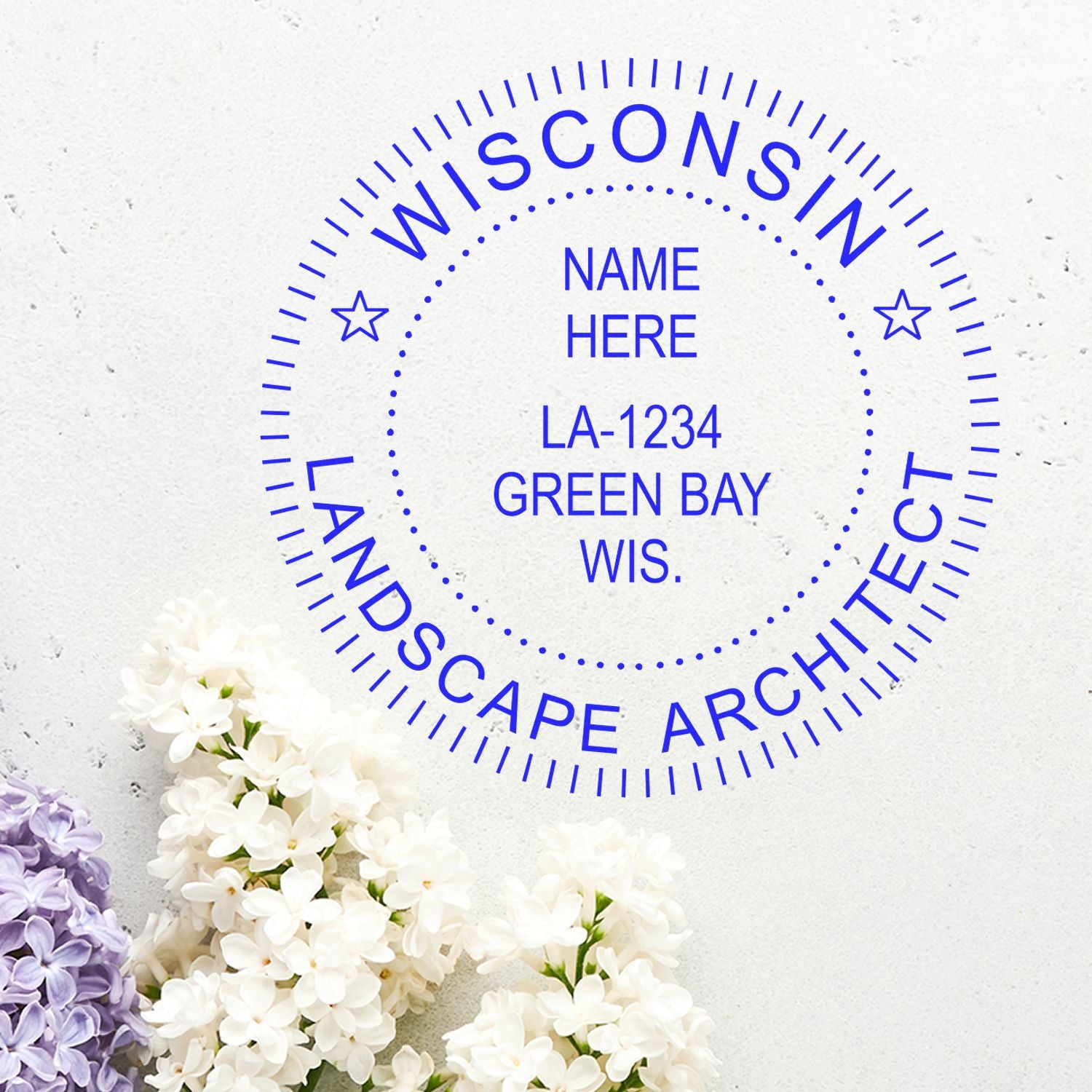 Wisconsin Landscape Architectural Seal Stamp in use photo showing a stamped imprint of the Wisconsin Landscape Architectural Seal Stamp