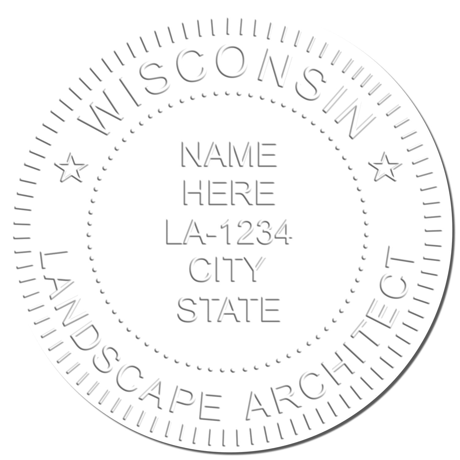 This paper is stamped with a sample imprint of the Soft Pocket Wisconsin Landscape Architect Embosser, signifying its quality and reliability.