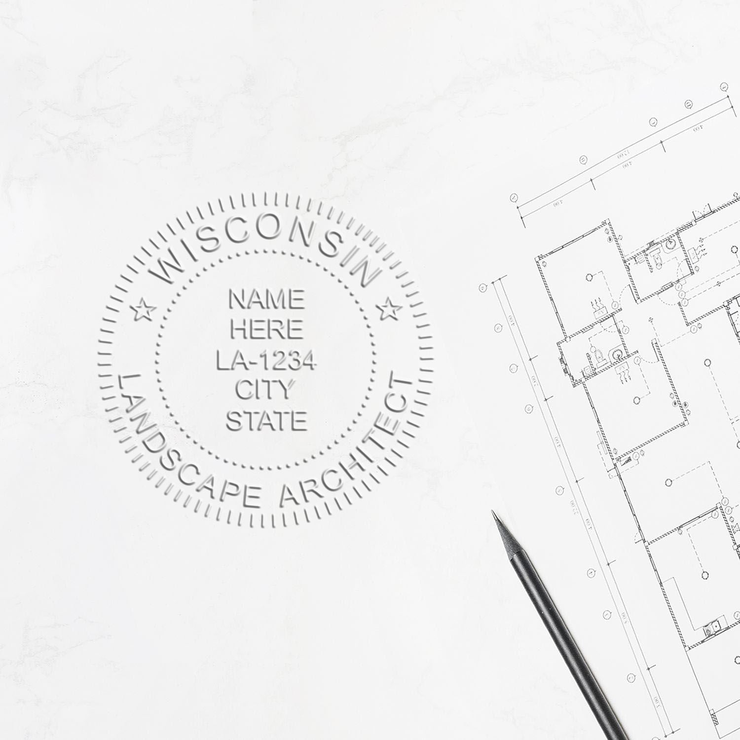 A photograph of the State of Wisconsin Extended Long Reach Landscape Architect Seal Embosser stamp impression reveals a vivid, professional image of the on paper.