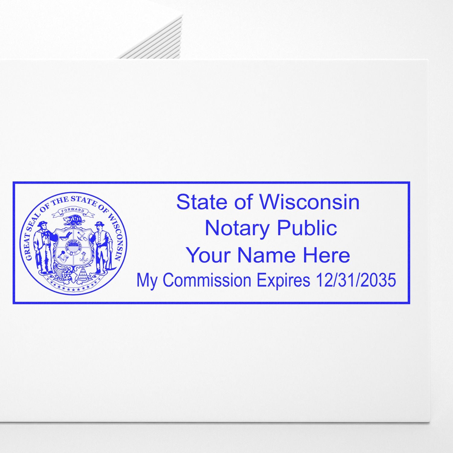 The main image for the Super Slim Wisconsin Notary Public Stamp depicting a sample of the imprint and electronic files