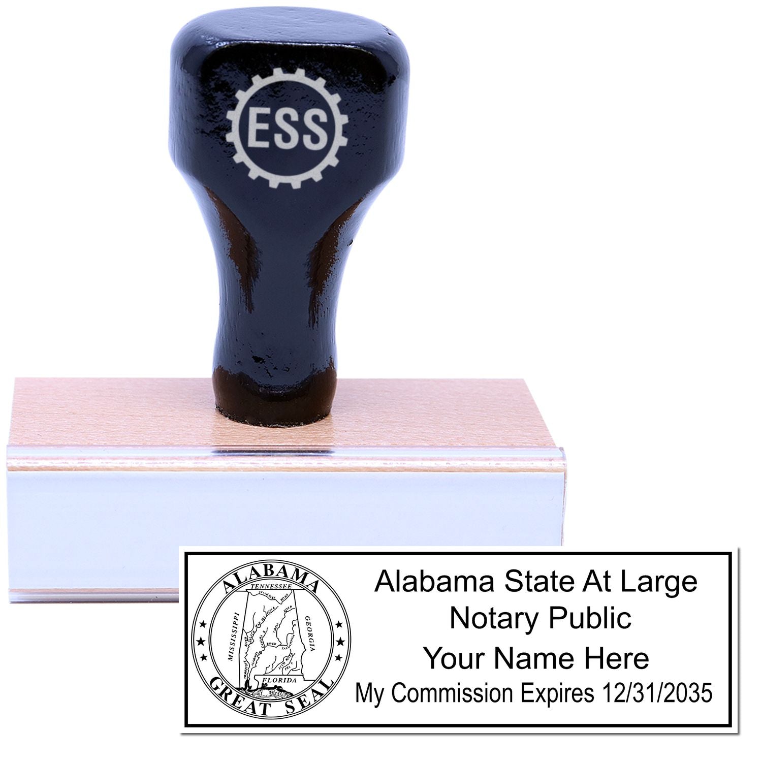 Wood Handle Alabama State Seal Notary Public Stamp with a wooden grip and metallic base, featuring the Alabama state seal and customizable text.