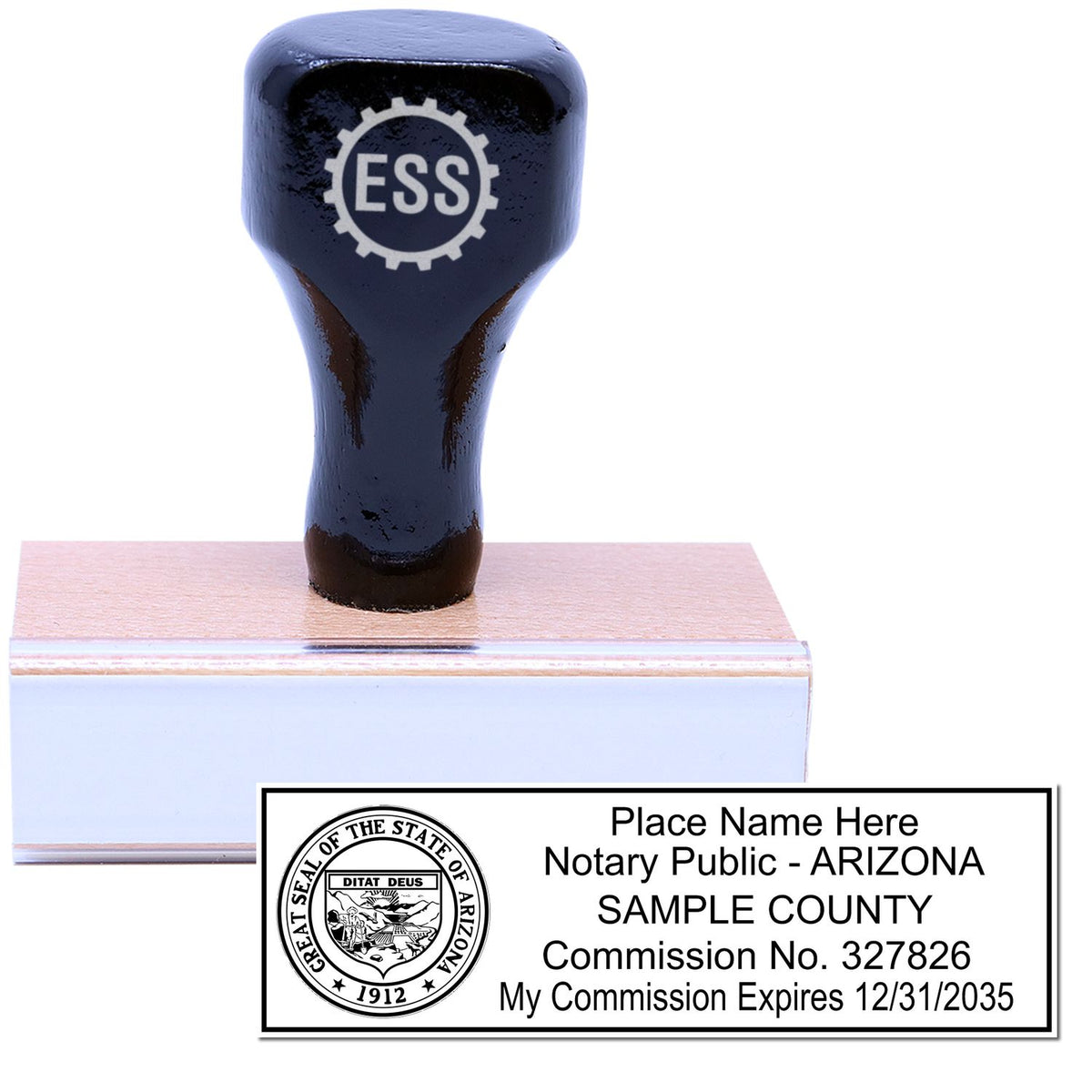 The main image for the Wooden Handle Arizona State Seal Notary Public Stamp depicting a sample of the imprint and electronic files