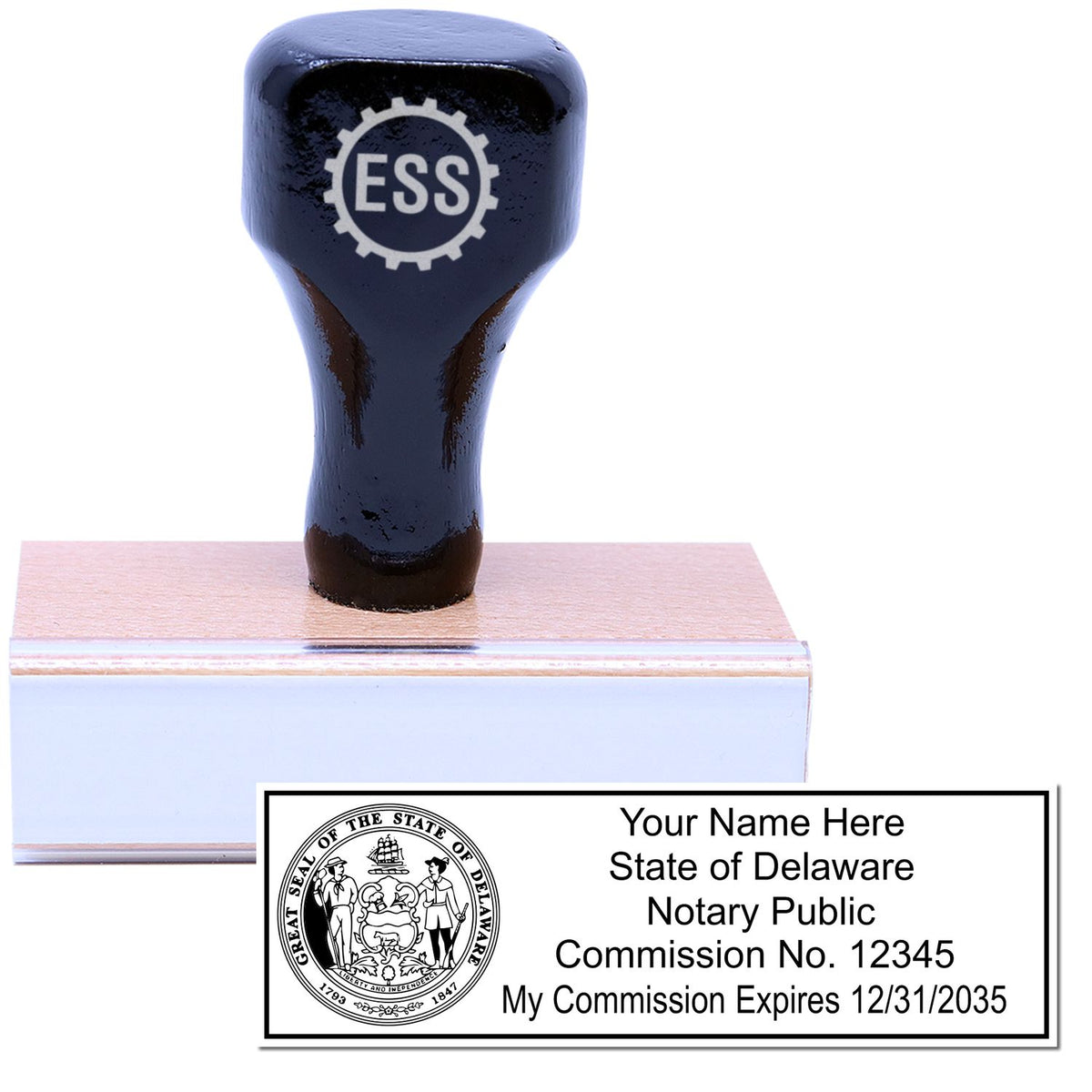 The main image for the Wooden Handle Delaware State Seal Notary Public Stamp depicting a sample of the imprint and electronic files