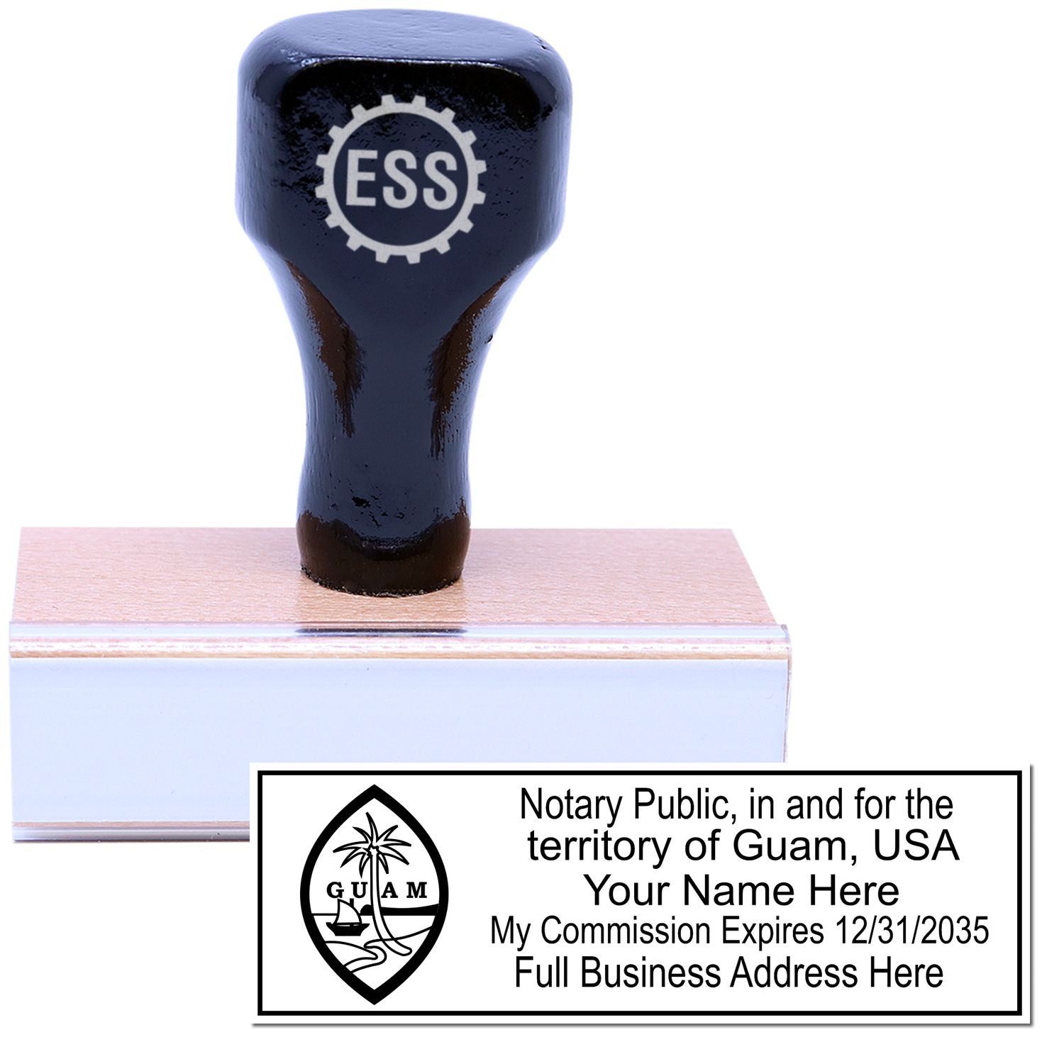 The main image for the Wooden Handle Guam Rectangular Notary Public Stamp depicting a sample of the imprint and electronic files