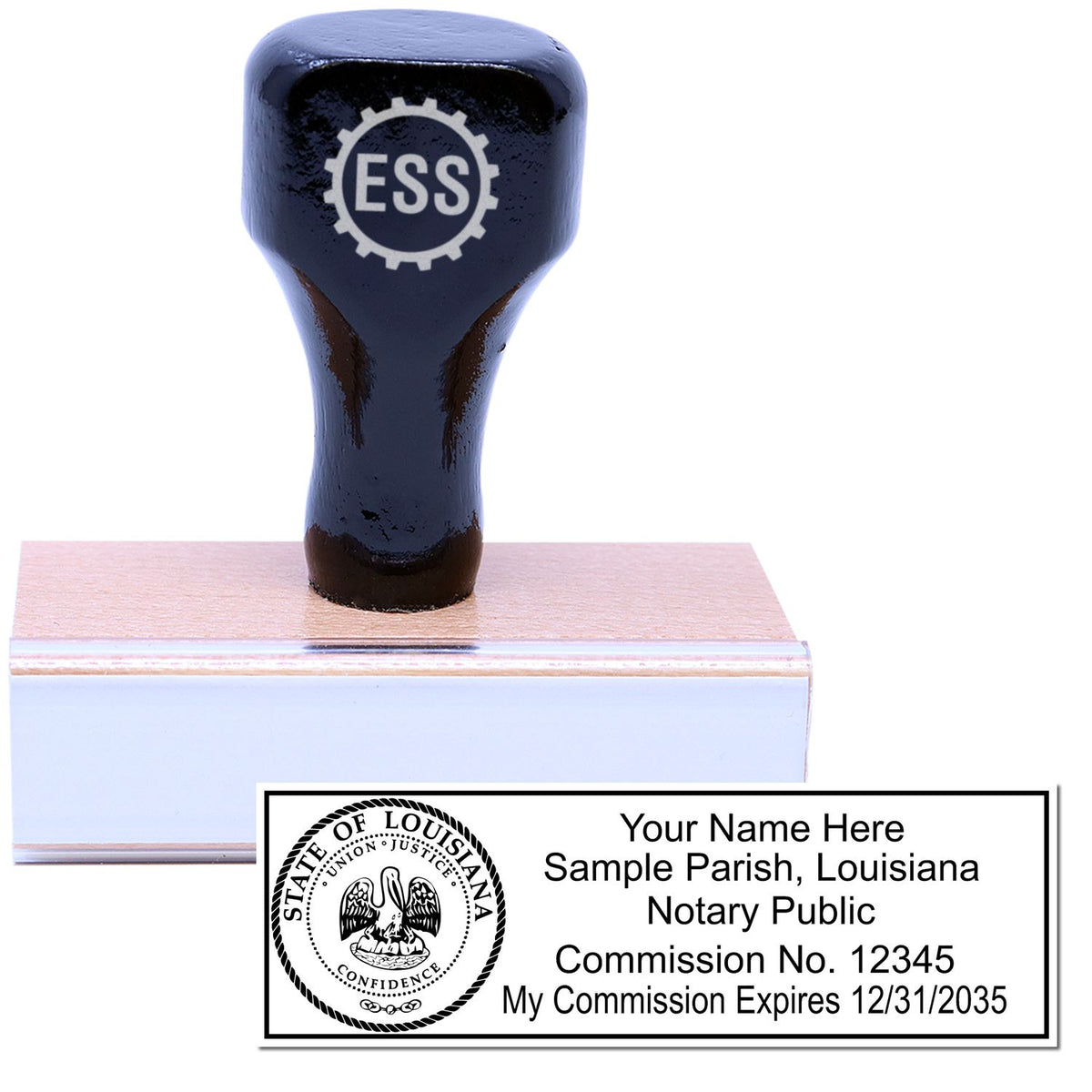 The main image for the Wooden Handle Louisiana State Seal Notary Public Stamp depicting a sample of the imprint and electronic files