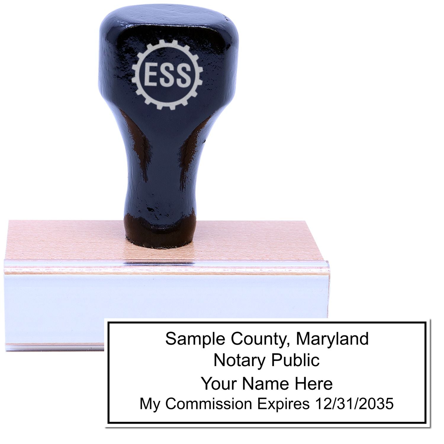 The main image for the Wooden Handle Maryland Rectangular Notary Public Stamp depicting a sample of the imprint and electronic files