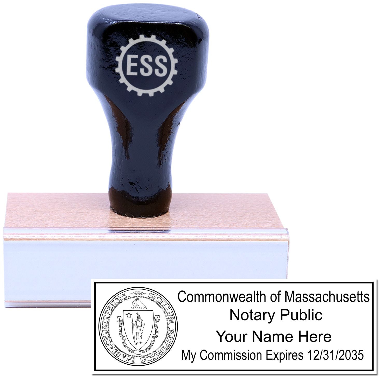 The main image for the Wooden Handle Massachusetts State Seal Notary Public Stamp depicting a sample of the imprint and electronic files