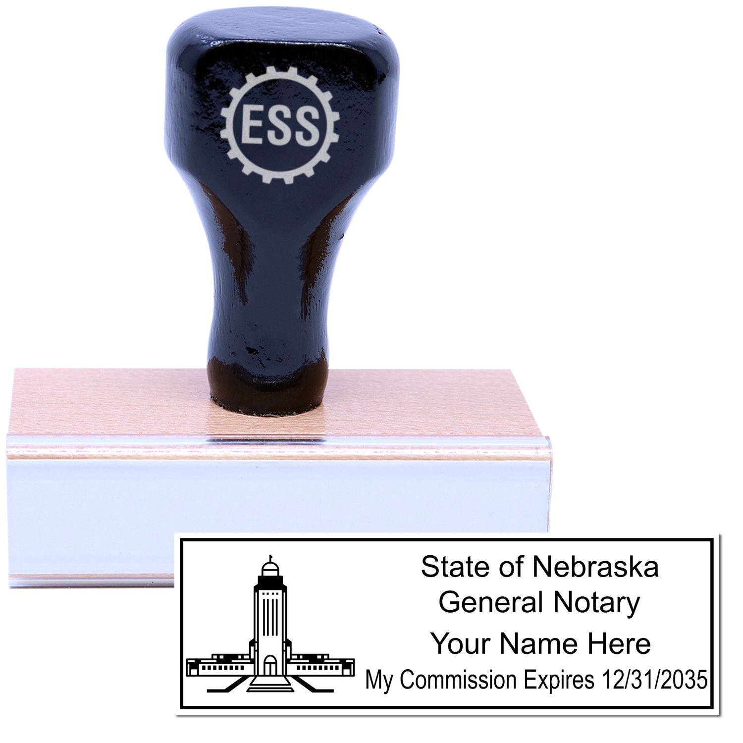 The main image for the Wooden Handle Nebraska State Seal Notary Public Stamp depicting a sample of the imprint and electronic files