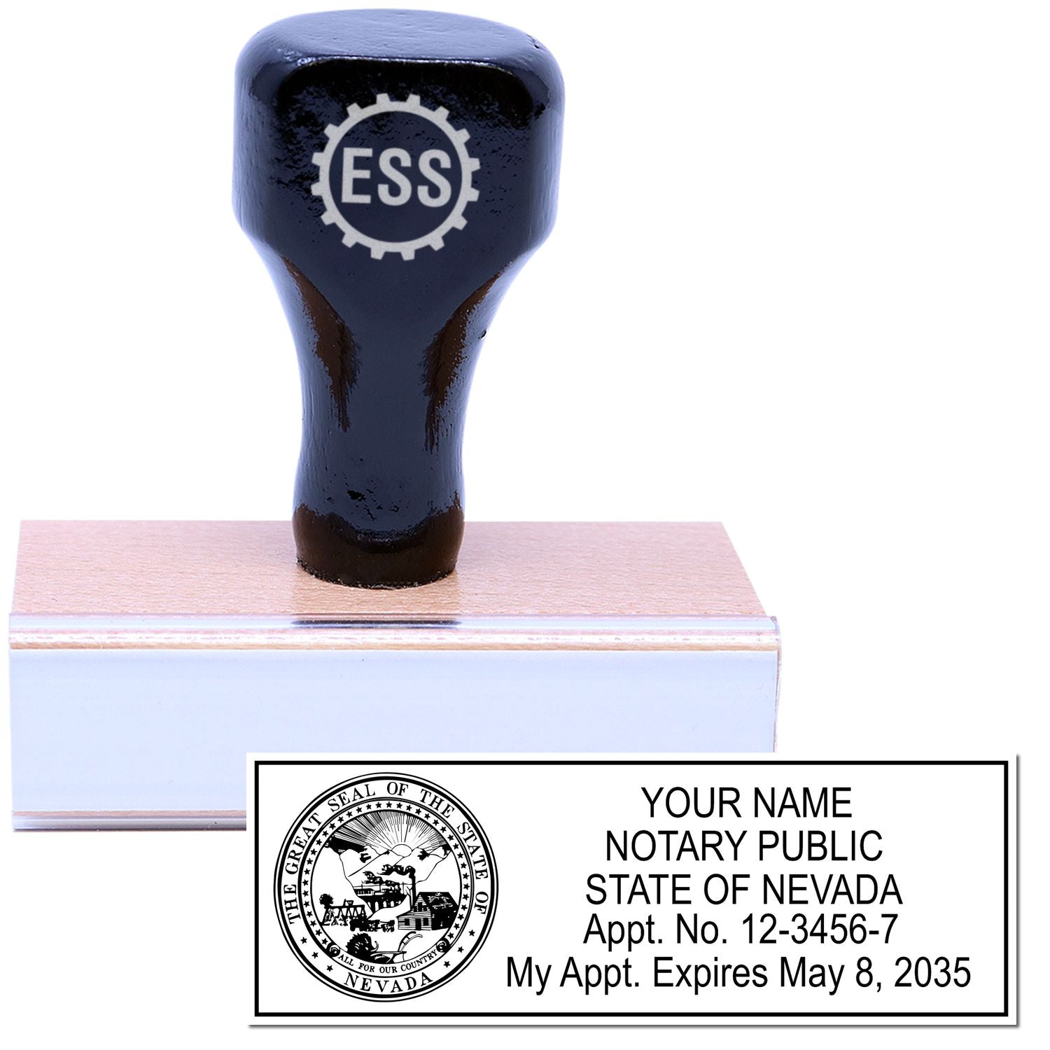 The main image for the Wooden Handle Nevada State Seal Notary Public Stamp depicting a sample of the imprint and electronic files