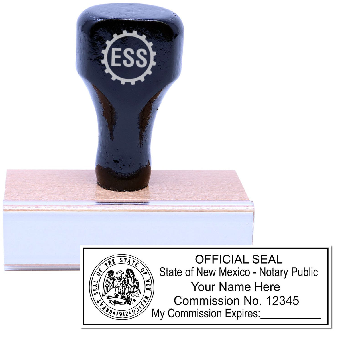 The main image for the Wooden Handle New Mexico State Seal Notary Public Stamp depicting a sample of the imprint and electronic files