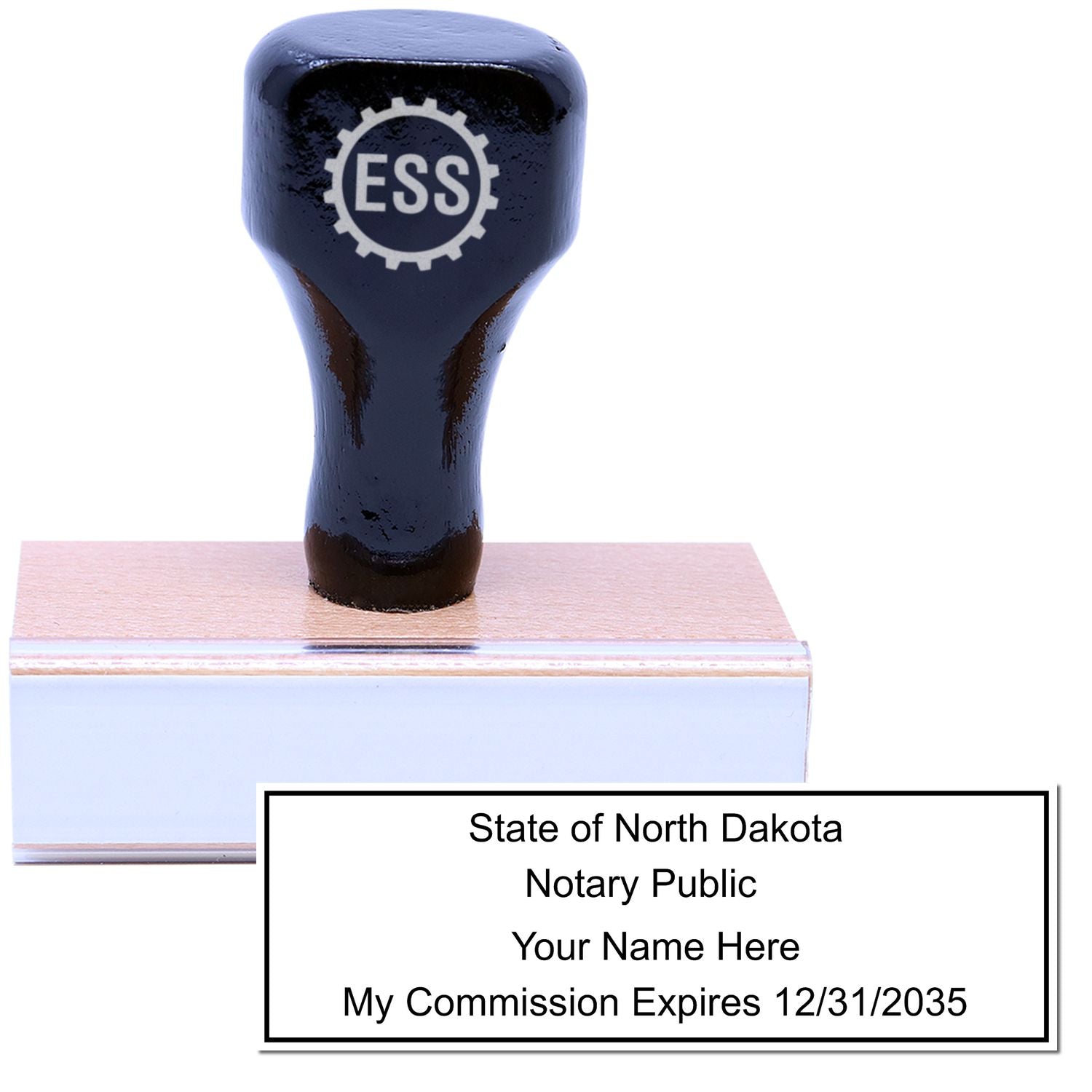 The main image for the Wooden Handle North Dakota Rectangular Notary Public Stamp depicting a sample of the imprint and electronic files