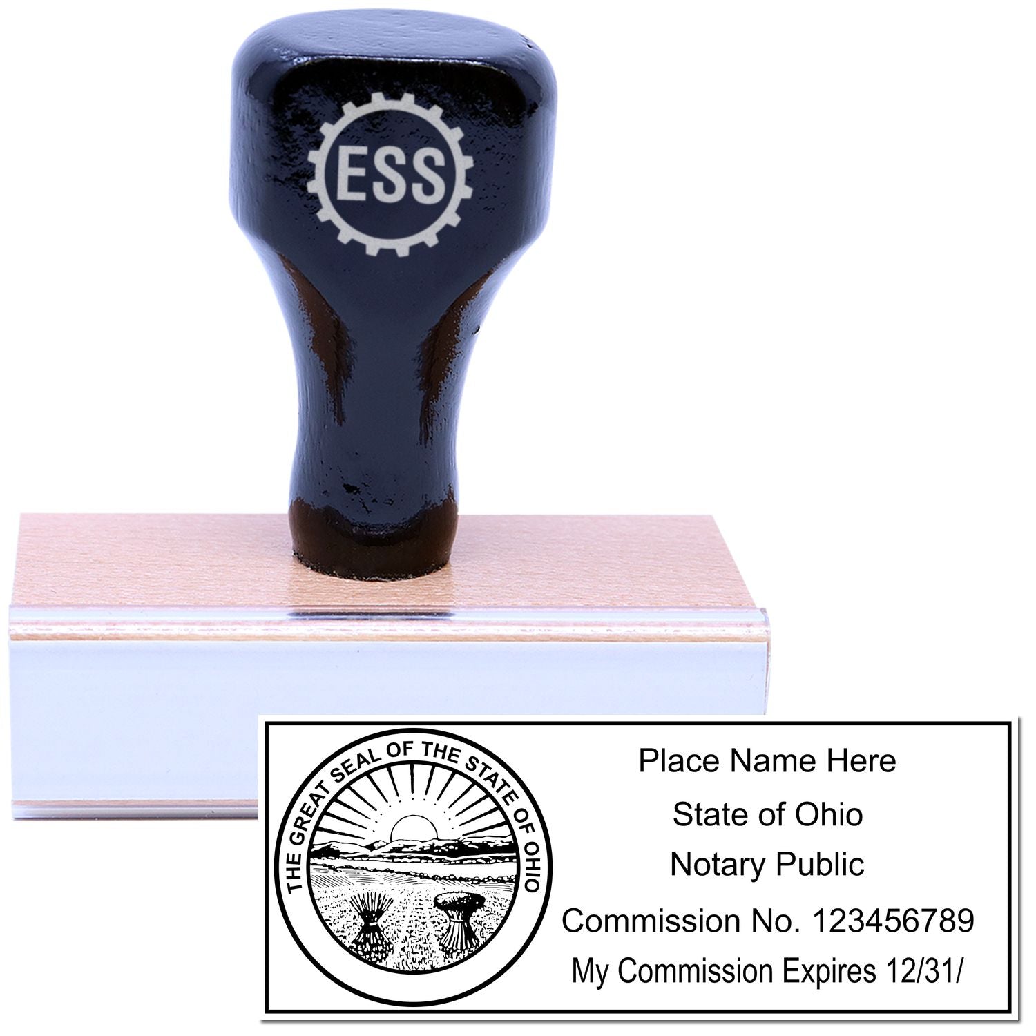 The main image for the Wooden Handle Ohio State Seal Notary Public Stamp depicting a sample of the imprint and electronic files