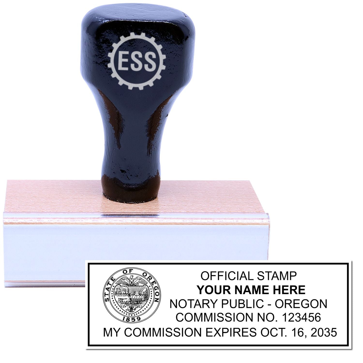 The main image for the Wooden Handle Oregon Rectangular Notary Public Stamp depicting a sample of the imprint and electronic files