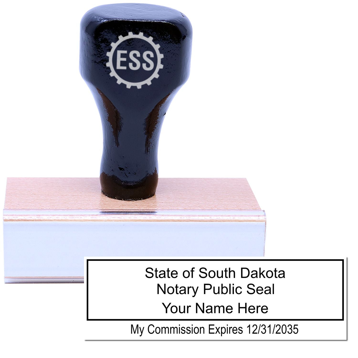 The main image for the Wooden Handle South Dakota Rectangular Notary Public Stamp depicting a sample of the imprint and electronic files