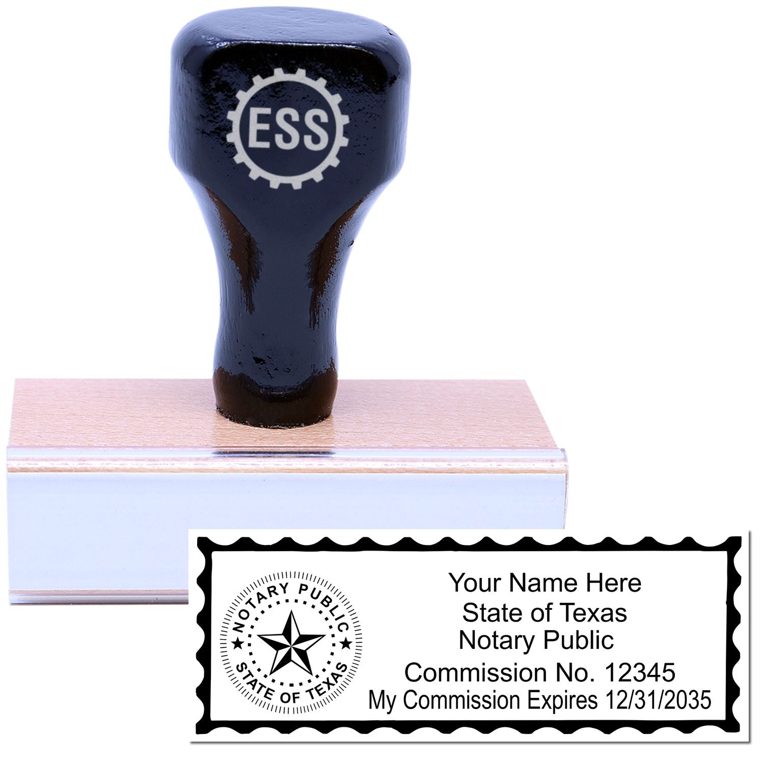 The main image for the Wooden Handle Texas State Seal Notary Public Stamp depicting a sample of the imprint and electronic files